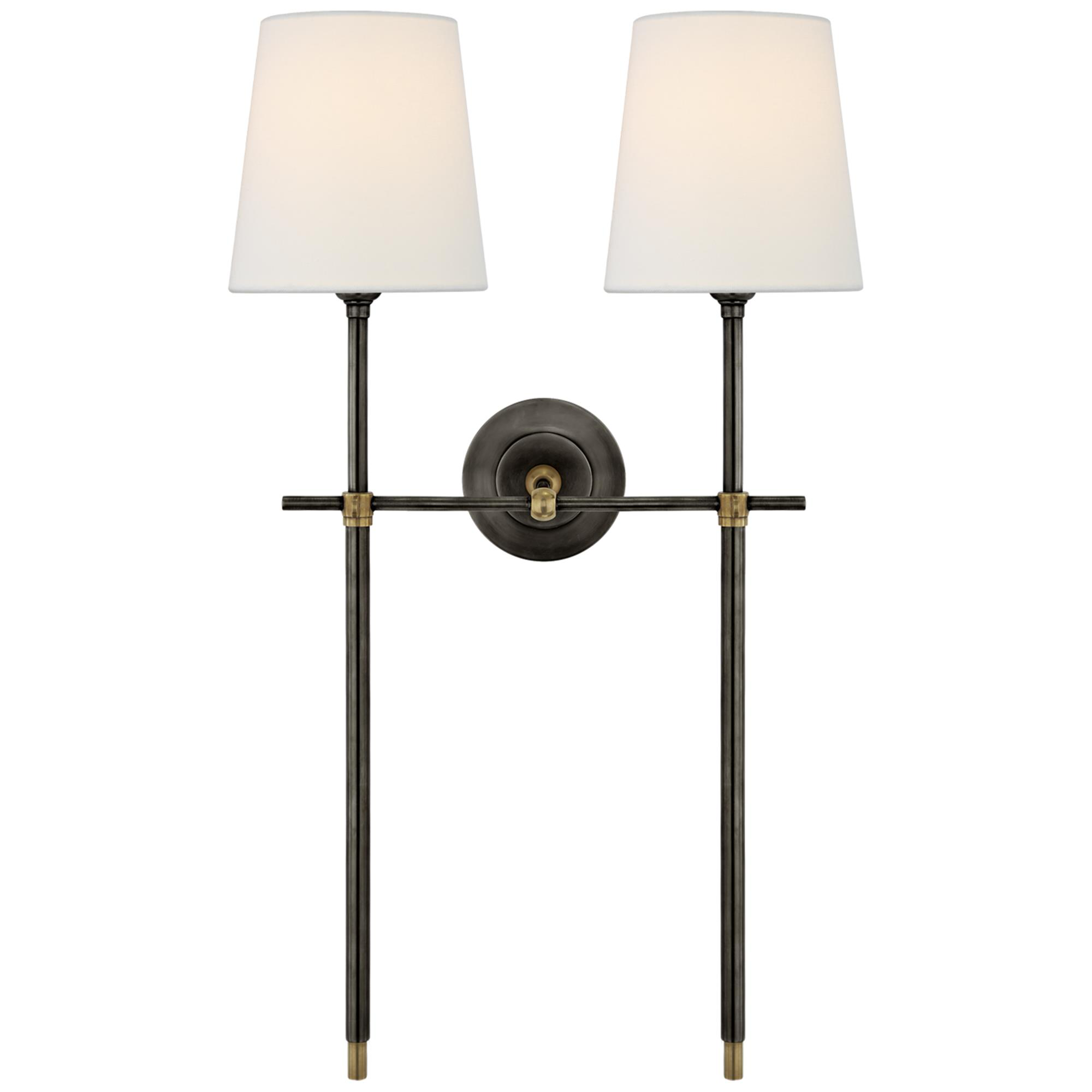 Shown in Bronze and Hand-Rubbed Antique Brass finish and Linen shade