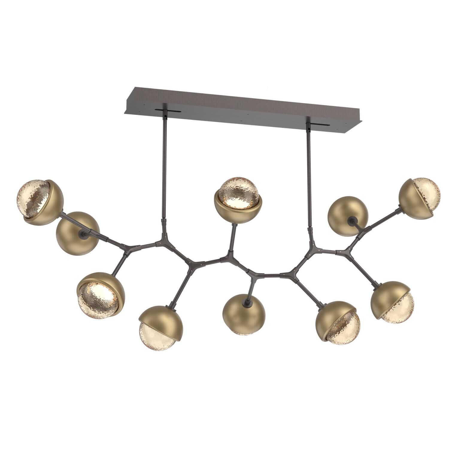 Shown in Graphite finish and Amber glass and Gilded Brass accent