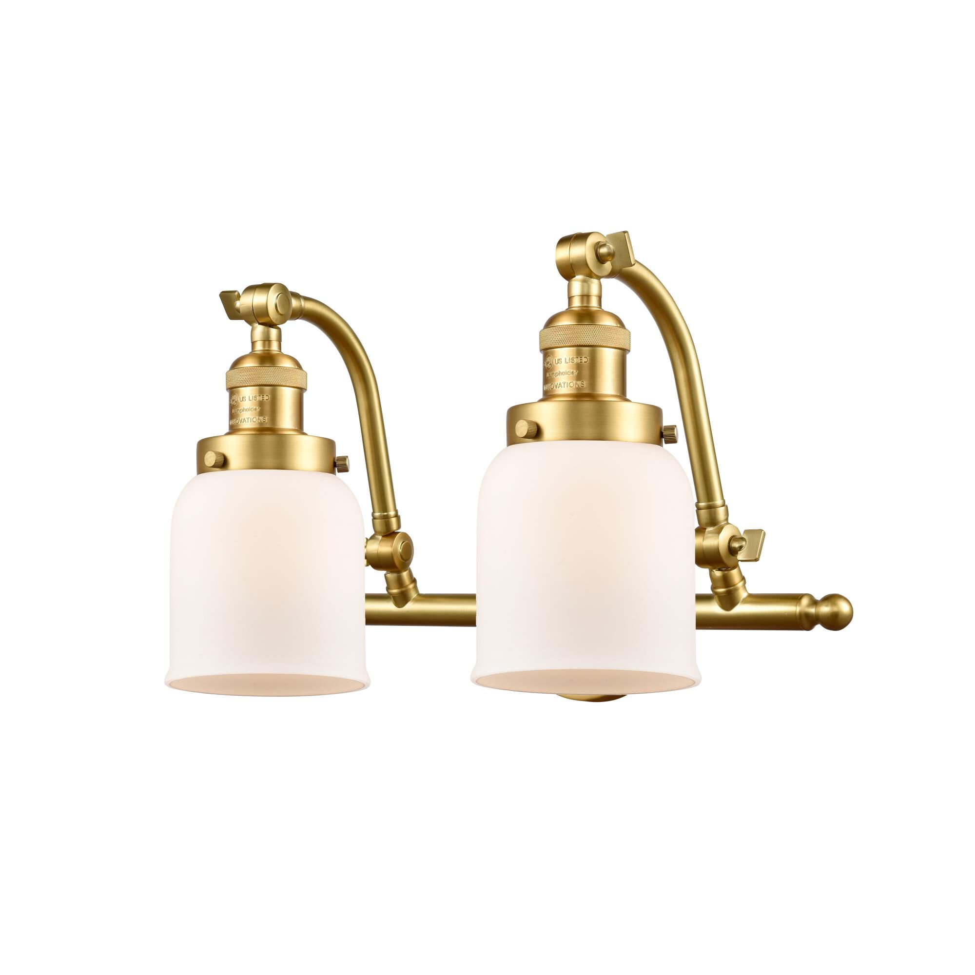 Shown in Satin Gold finish and Matte White Cased Small Bell glass