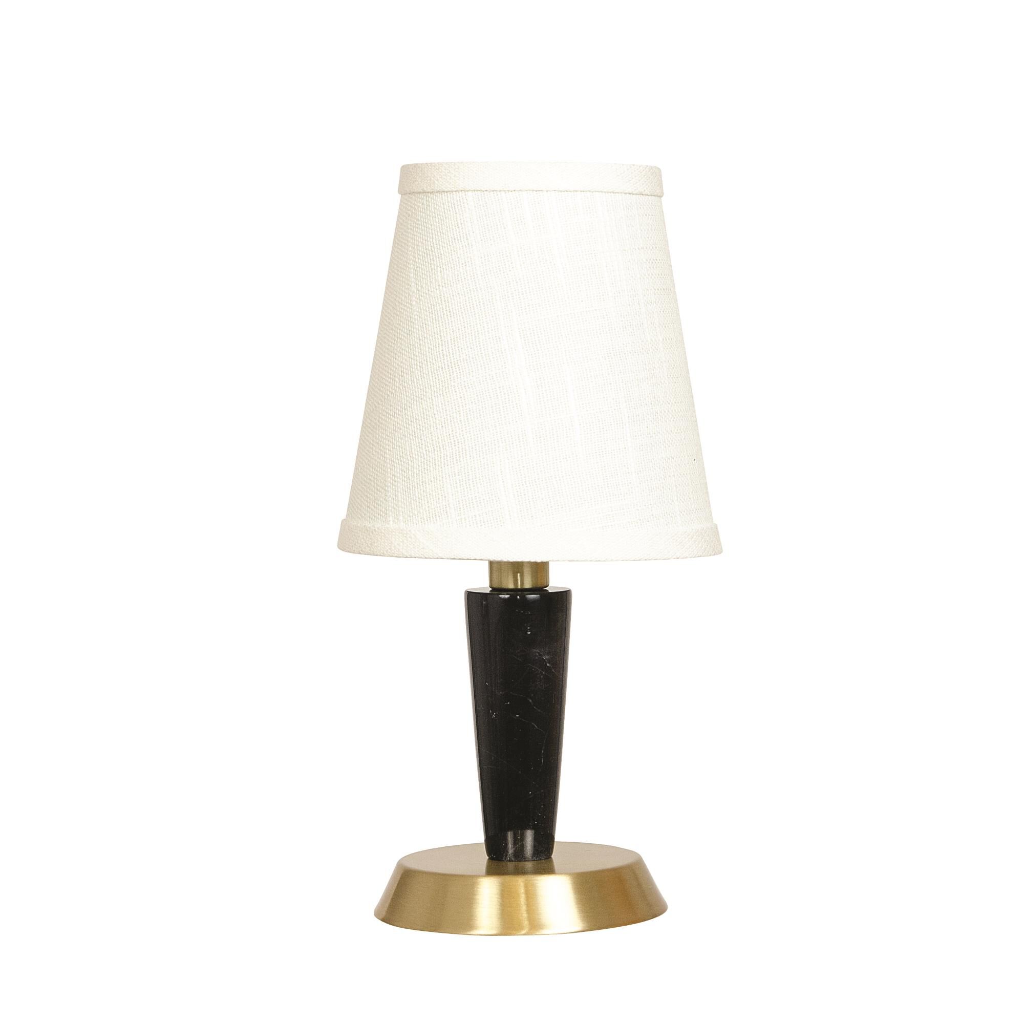 Shown in Satin Brass finish and Natural Linen Hardback shade