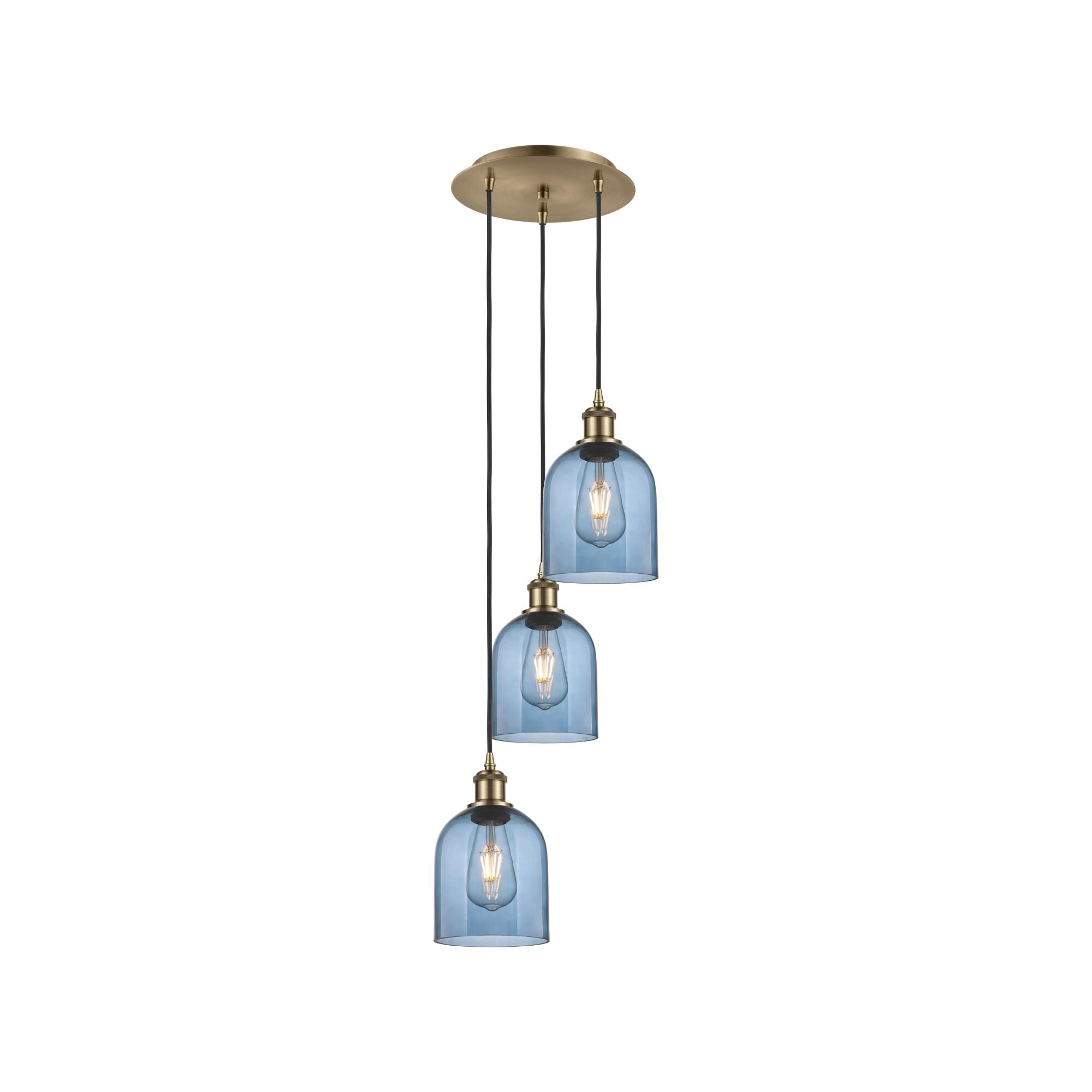 Shown in Antique Brass finish and Princess Blue glass
