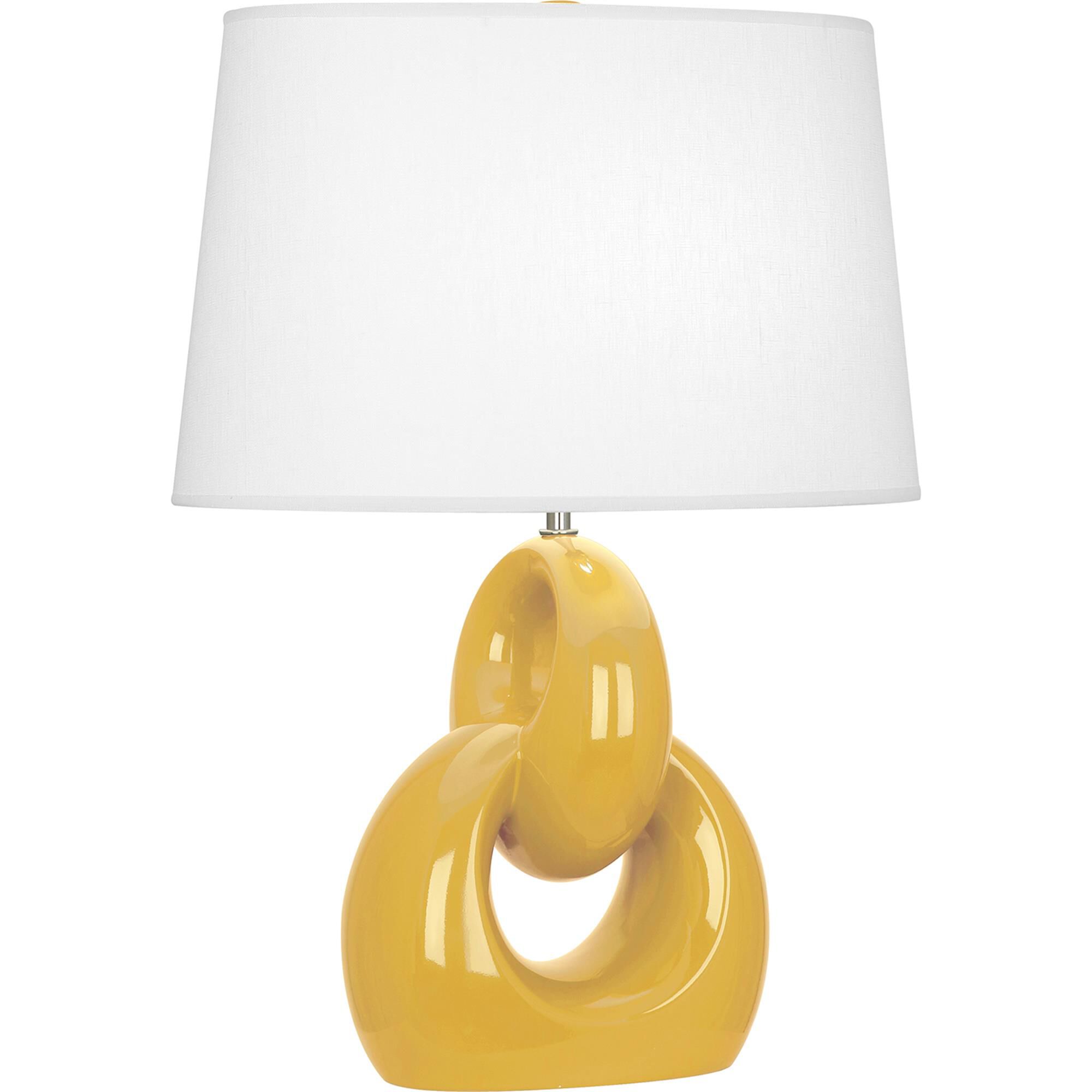 Shown in Sunset Yellow Glazed Ceramic With Polished Nickel Accents finish and Oval Oyster Linen shade