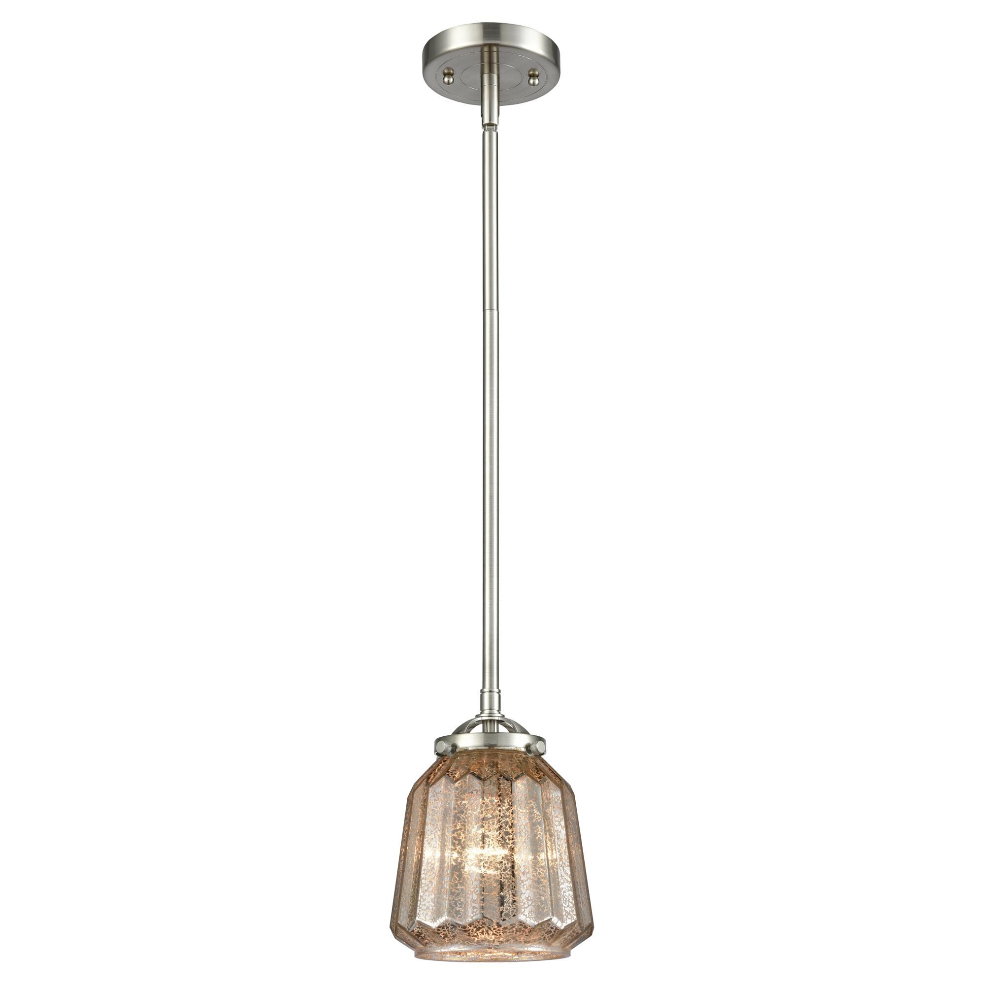 Shown in Brushed Satin Nickel finish and Mercury Plated glass