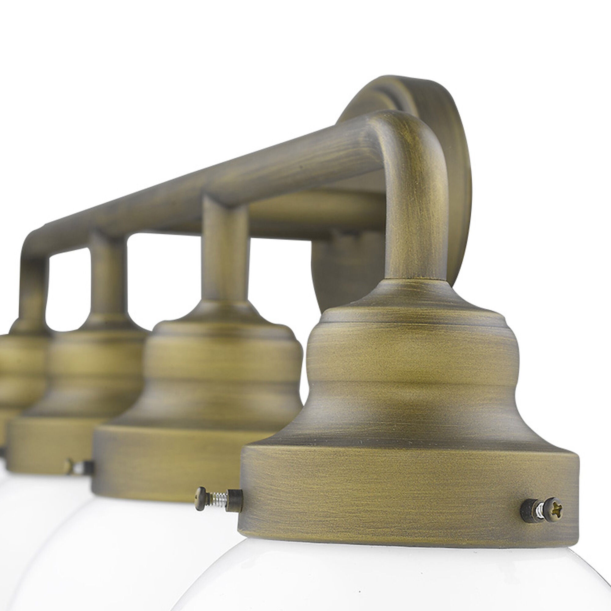 Shown in Raw Brass finish and Opal glass and Opal, Glass Globes shade