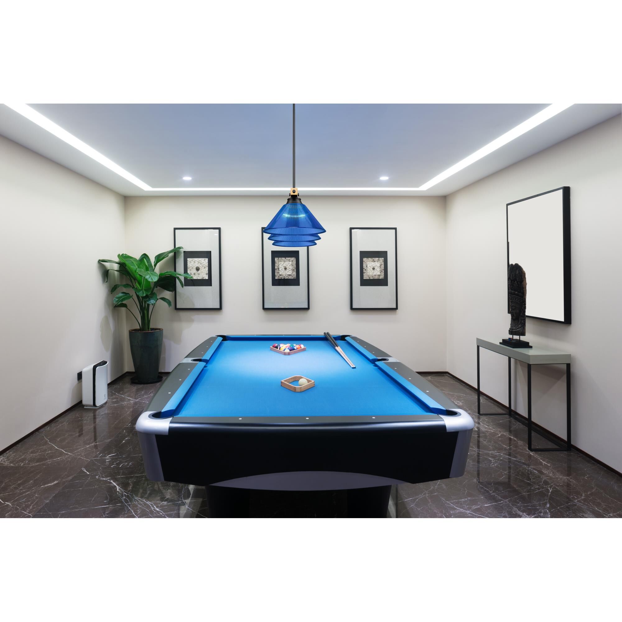 Shown in Matte Black + Rubbed Brass finish and Dark Blue glass and Dark Blue shade