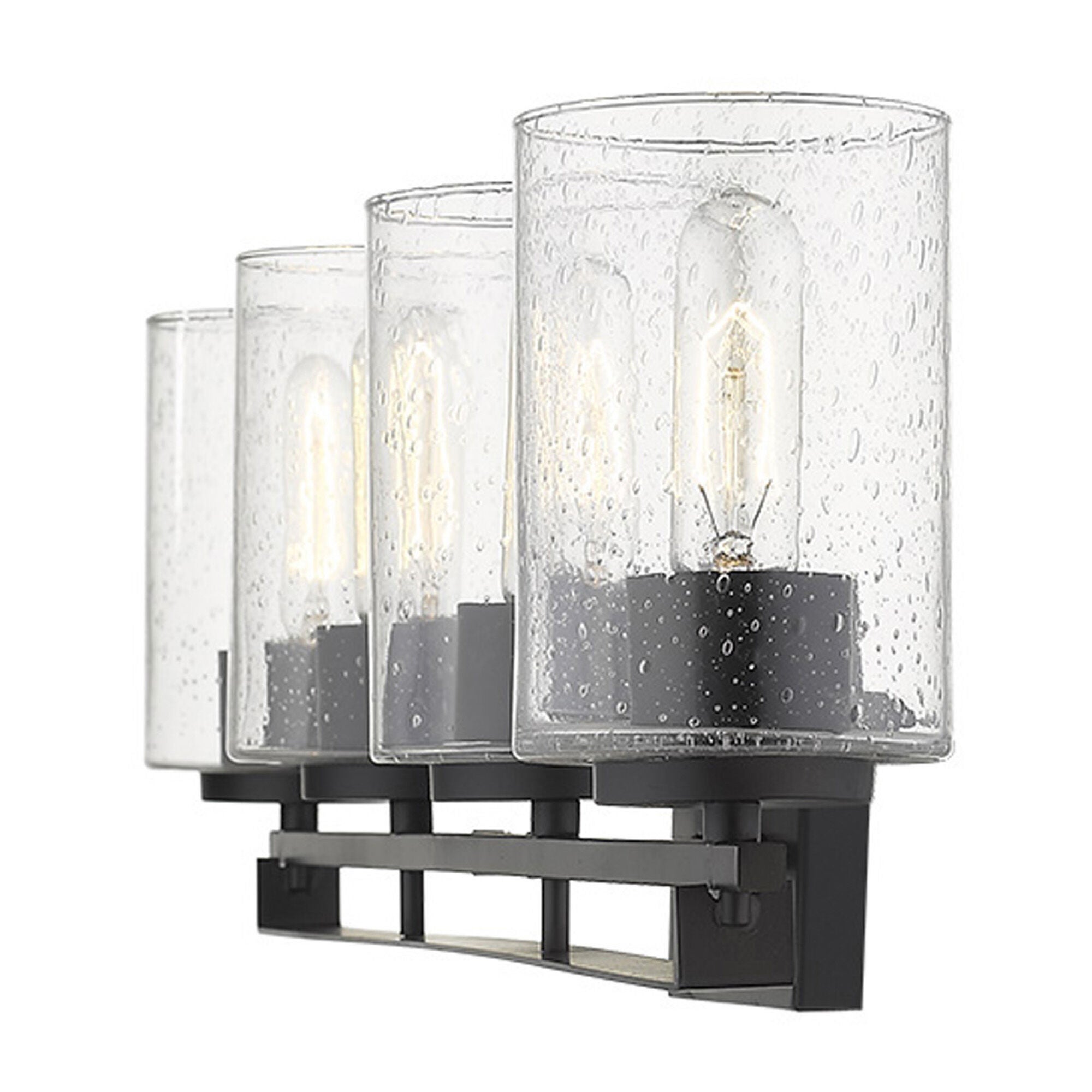 Shown in Matte Black finish and Clear glass and Clear, Seeded Cylindrical Glass s shade