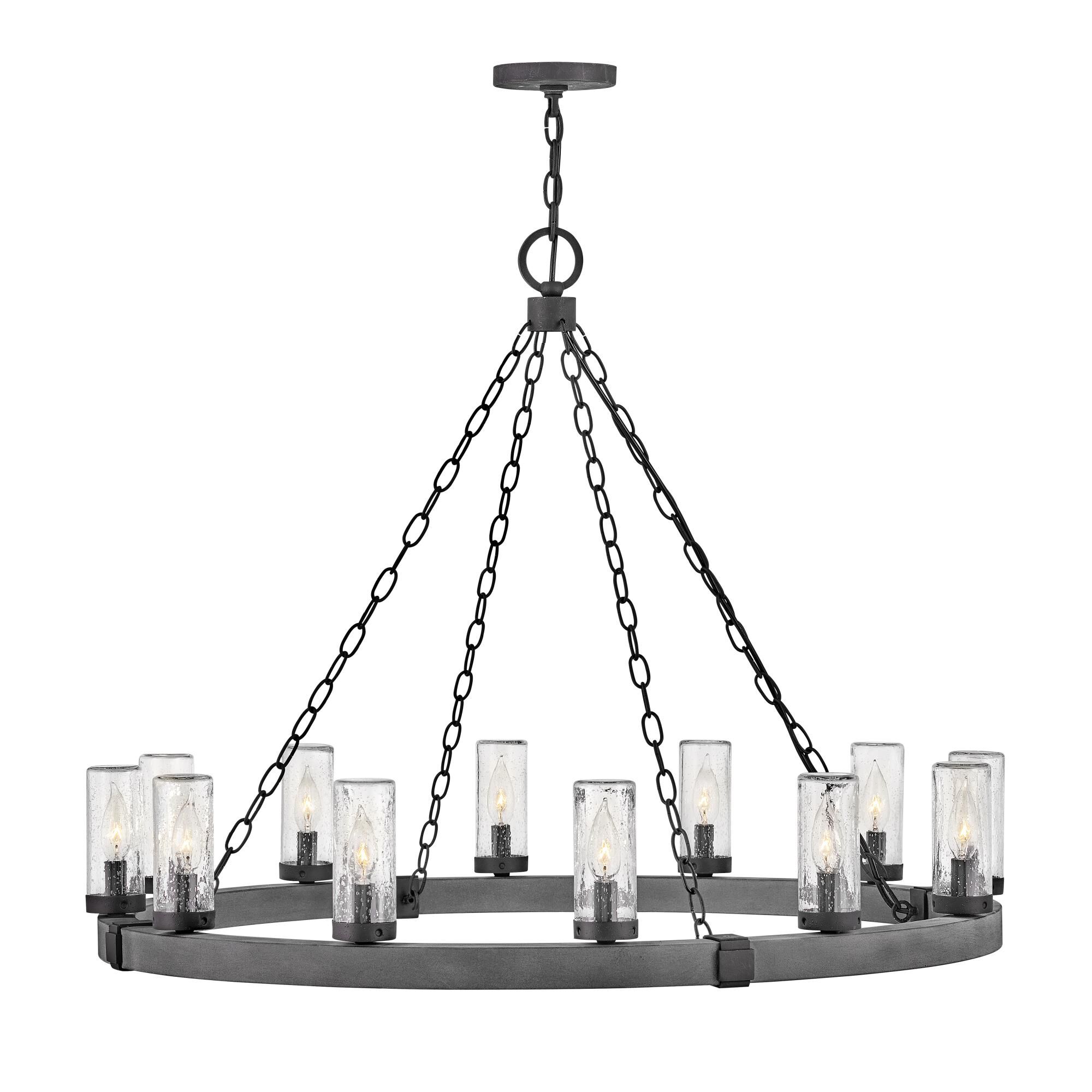 Shown in Aged Zinc finish and Clear Seedy glass and Distressed Black accent