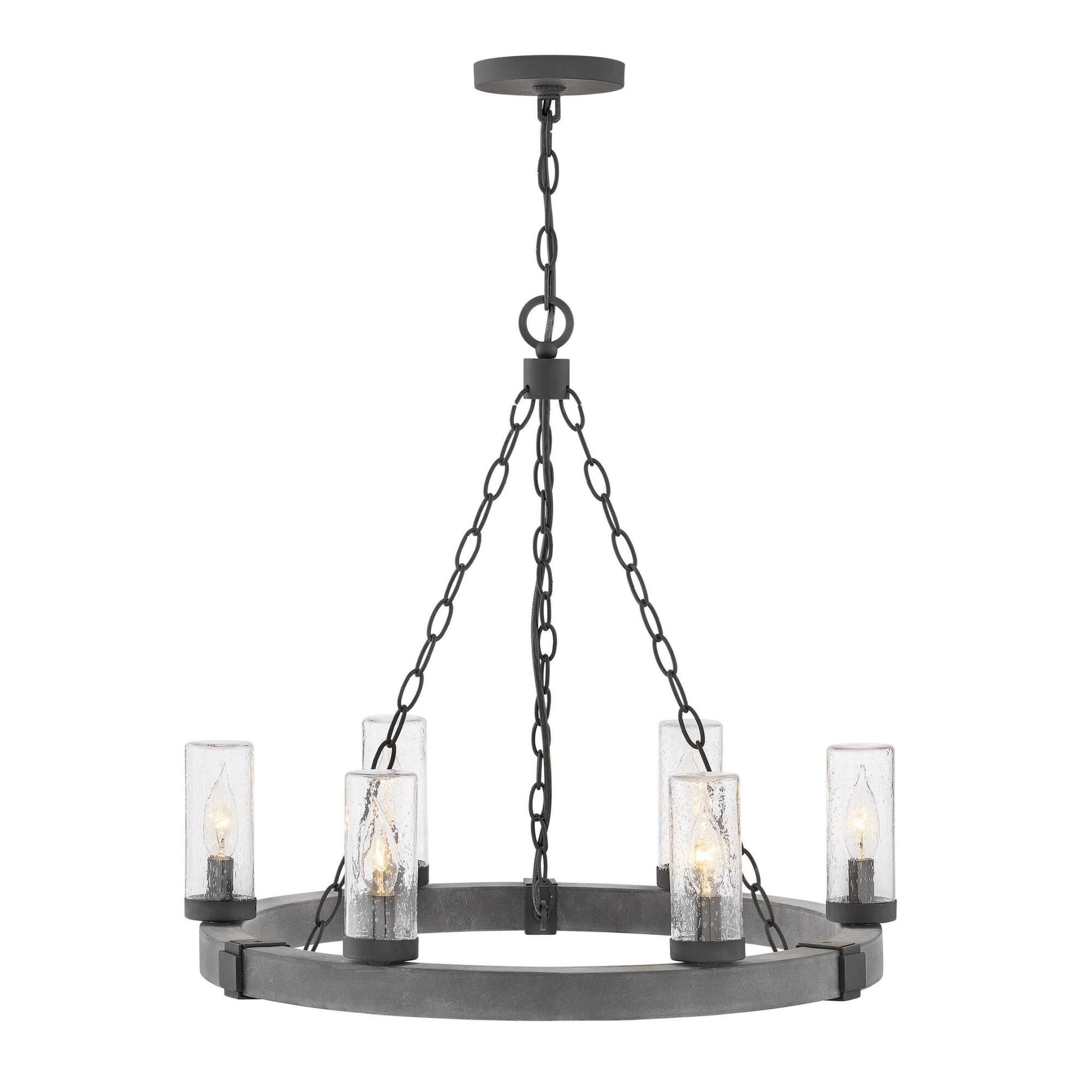 Shown in Aged Zinc finish and Clear Seedy glass and Distressed Black accent