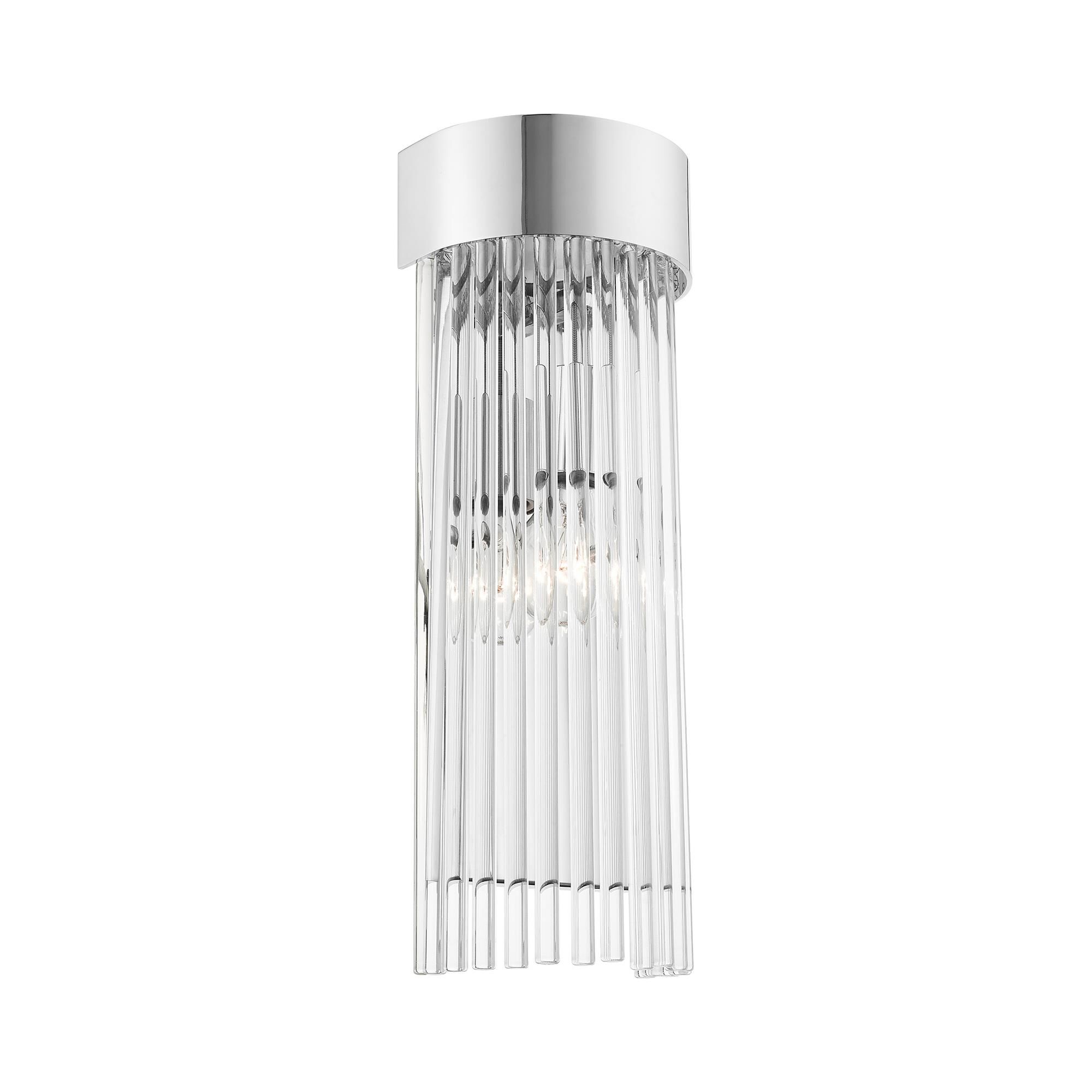 Shown in Polished Chrome finish and Polished Chrome Drum Shade With Clear Crystal Rods glass and Polished Chrome Drum  With Clear Crystal Rods shade