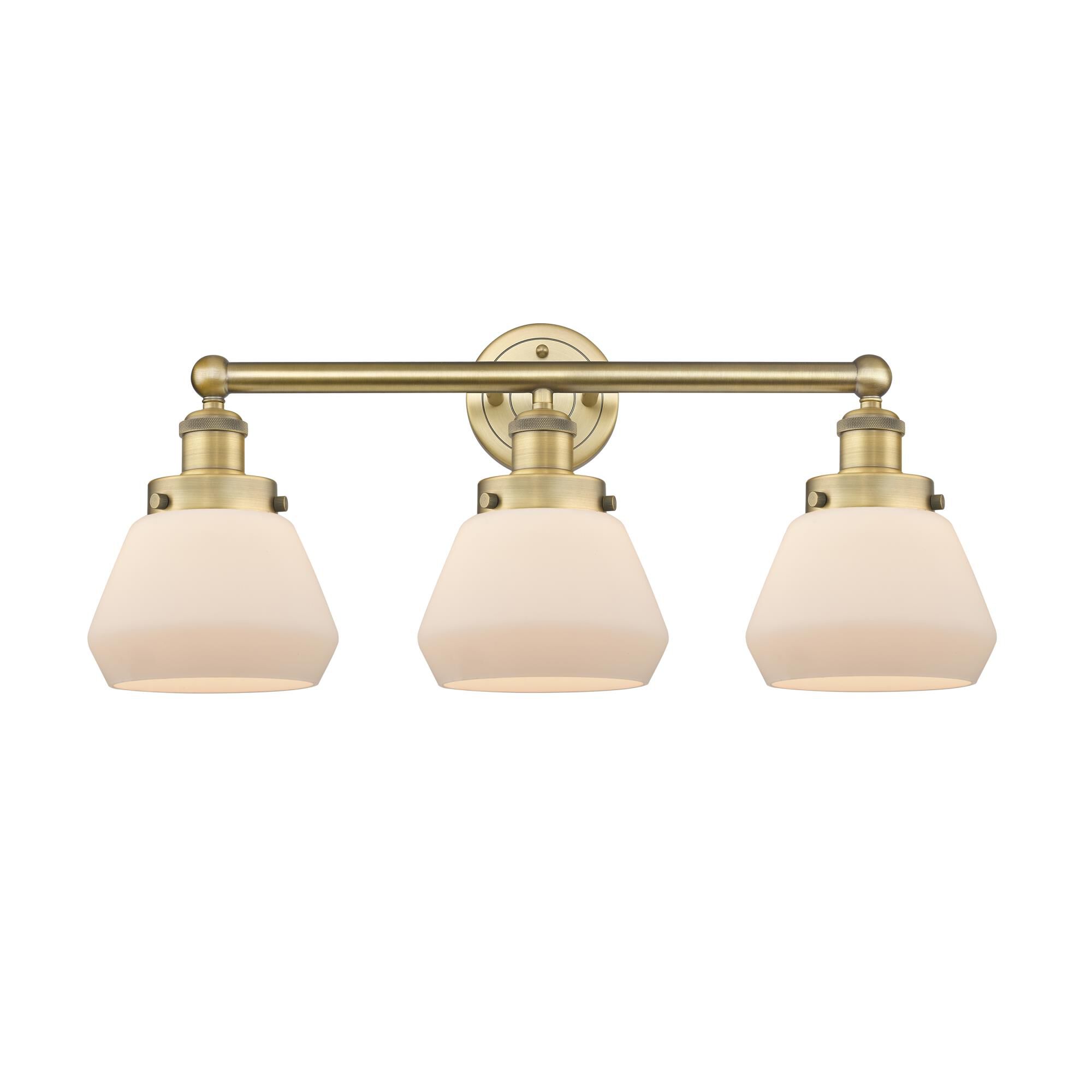 Shown in Brushed Brass finish and Matte White glass