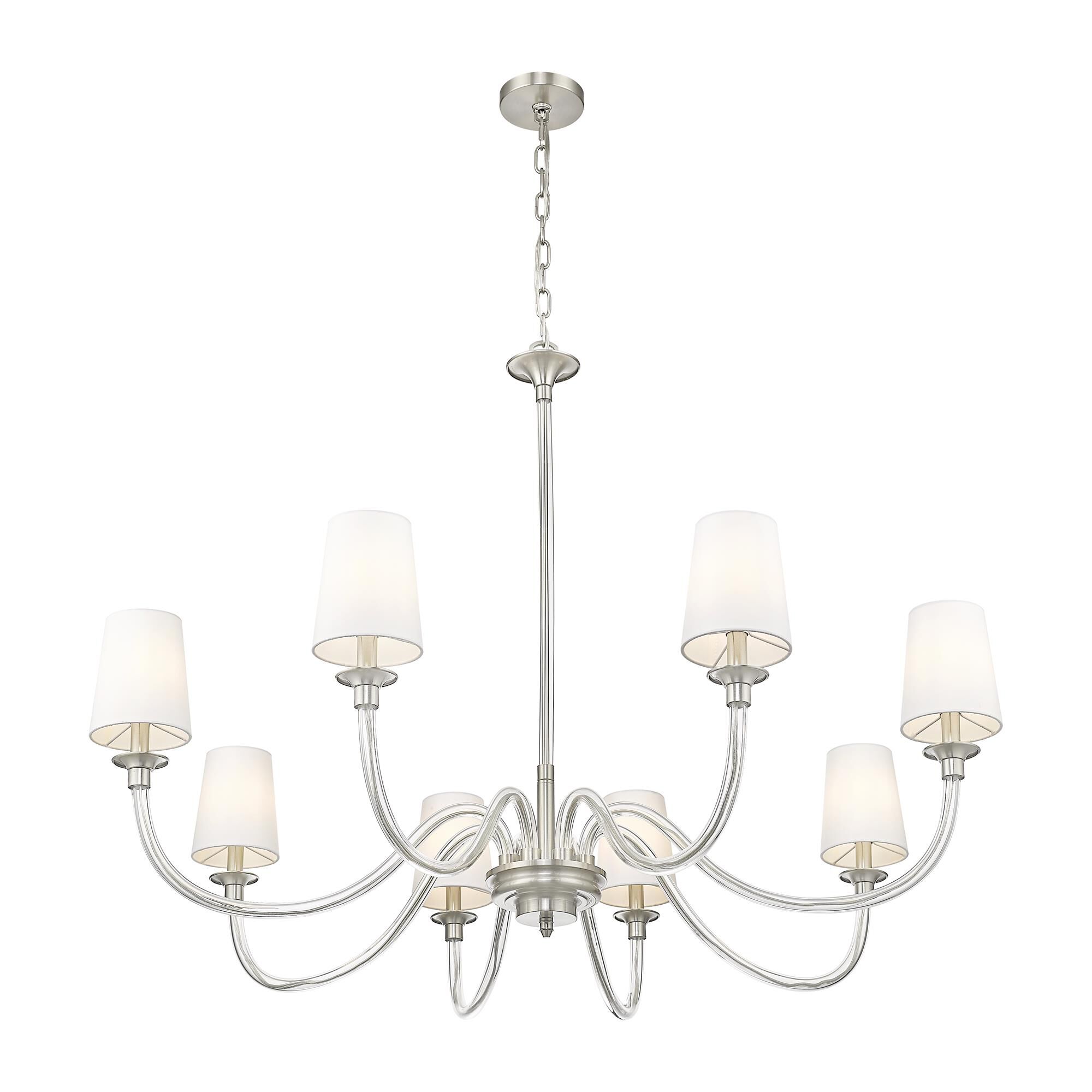 Shown in Brushed Nickel finish and White glass and White shade