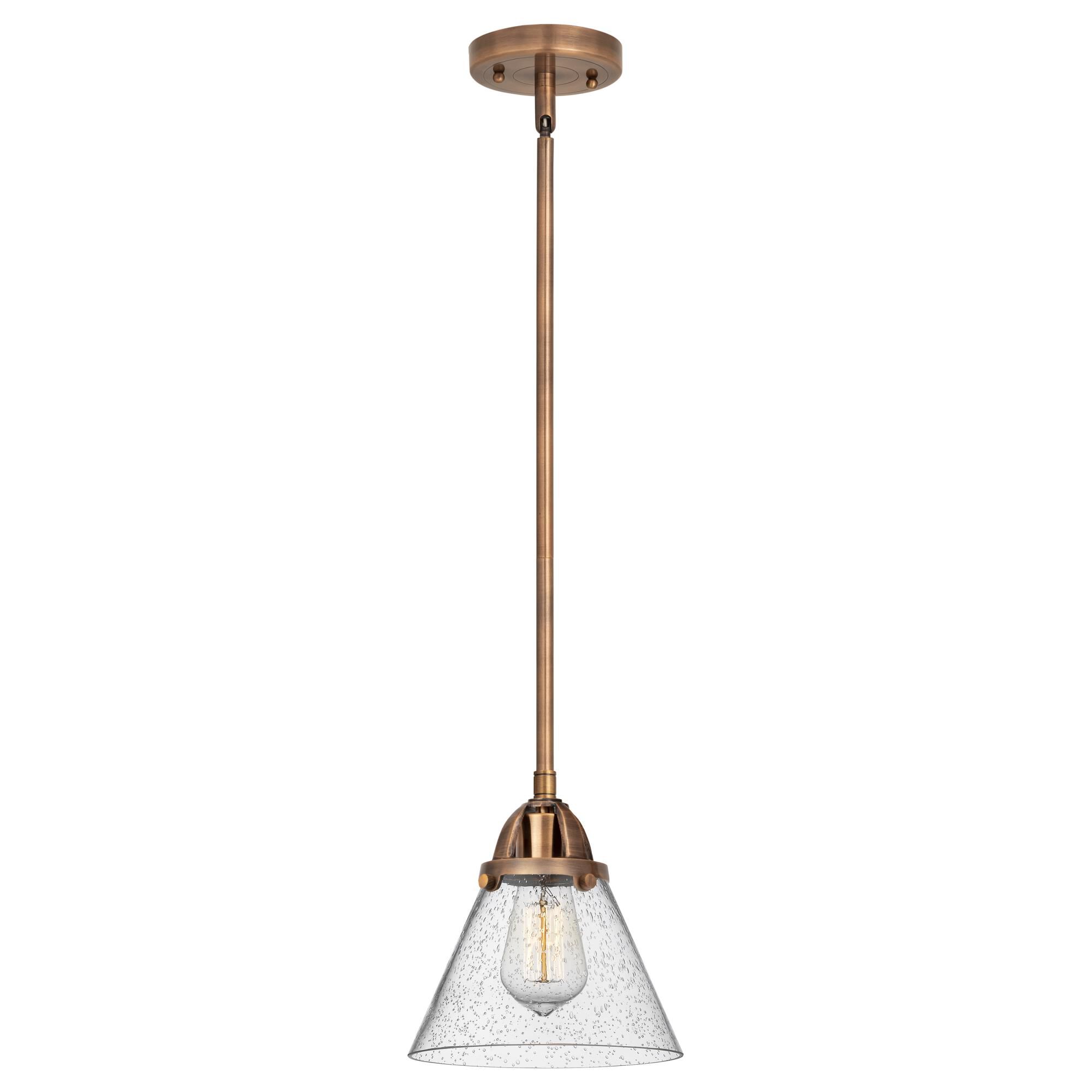 Shown in Antique Copper finish and Seedy Large Cone glass and No Shade shade