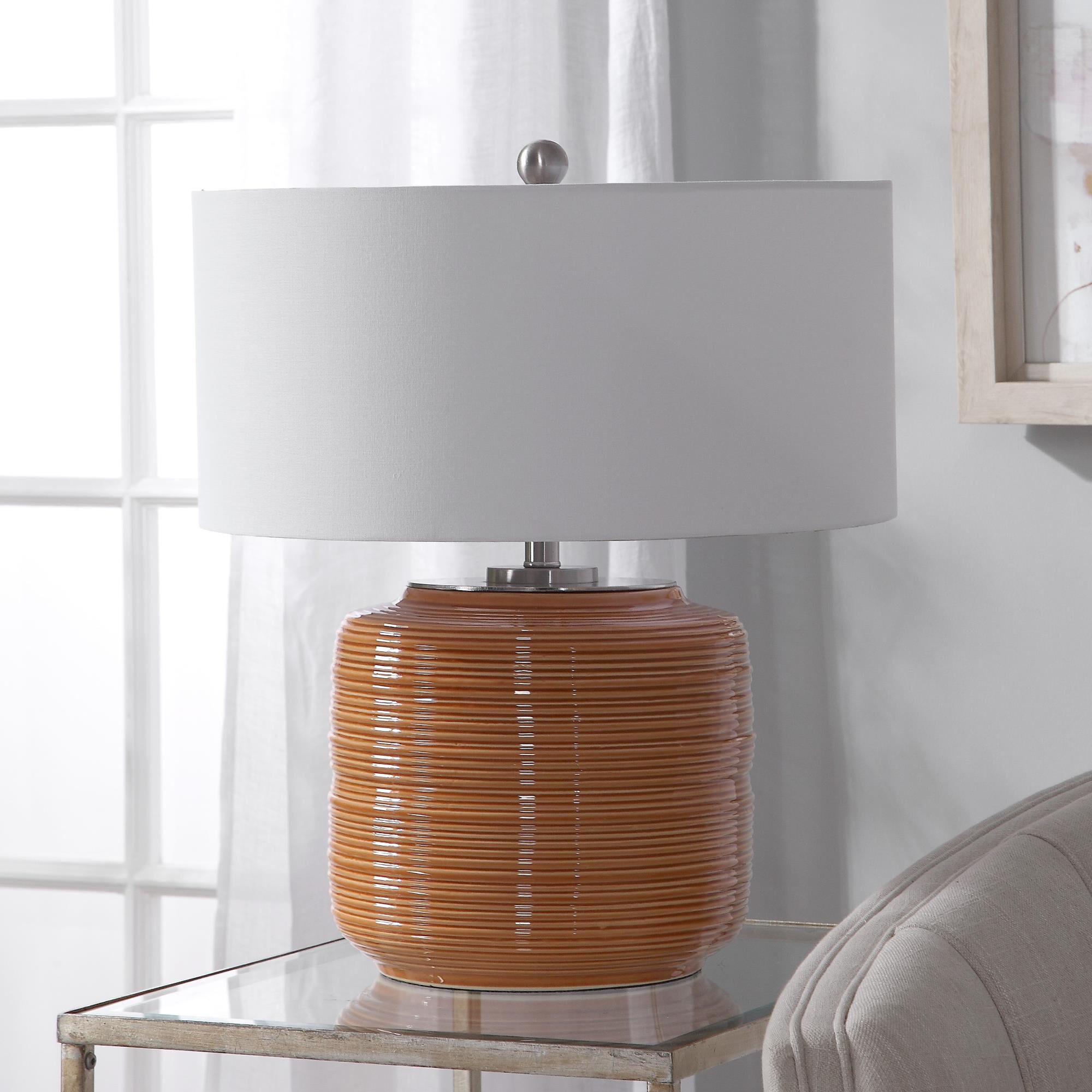 Shown in Add A Touch Of Retro Flair To A Design With This Ceramic Table Lamp. The Ribbed Base Is Finished In  finish and Round Drum Hardback shade