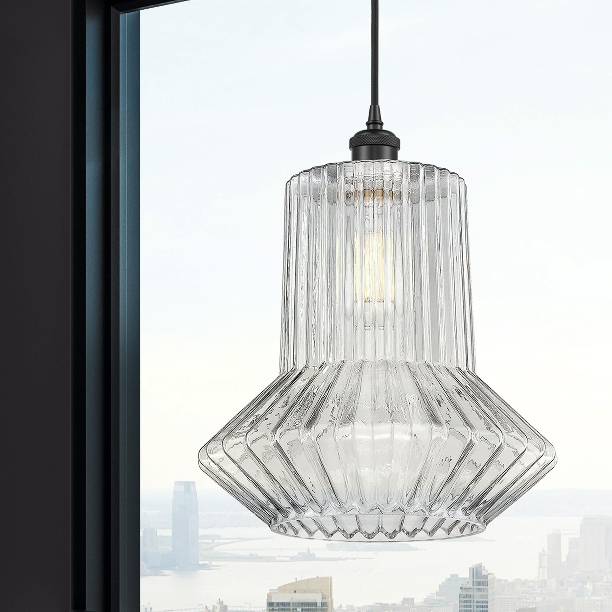 Shown in Matte Black finish and Clear Spiral Fluted glass and Brown Wire accent