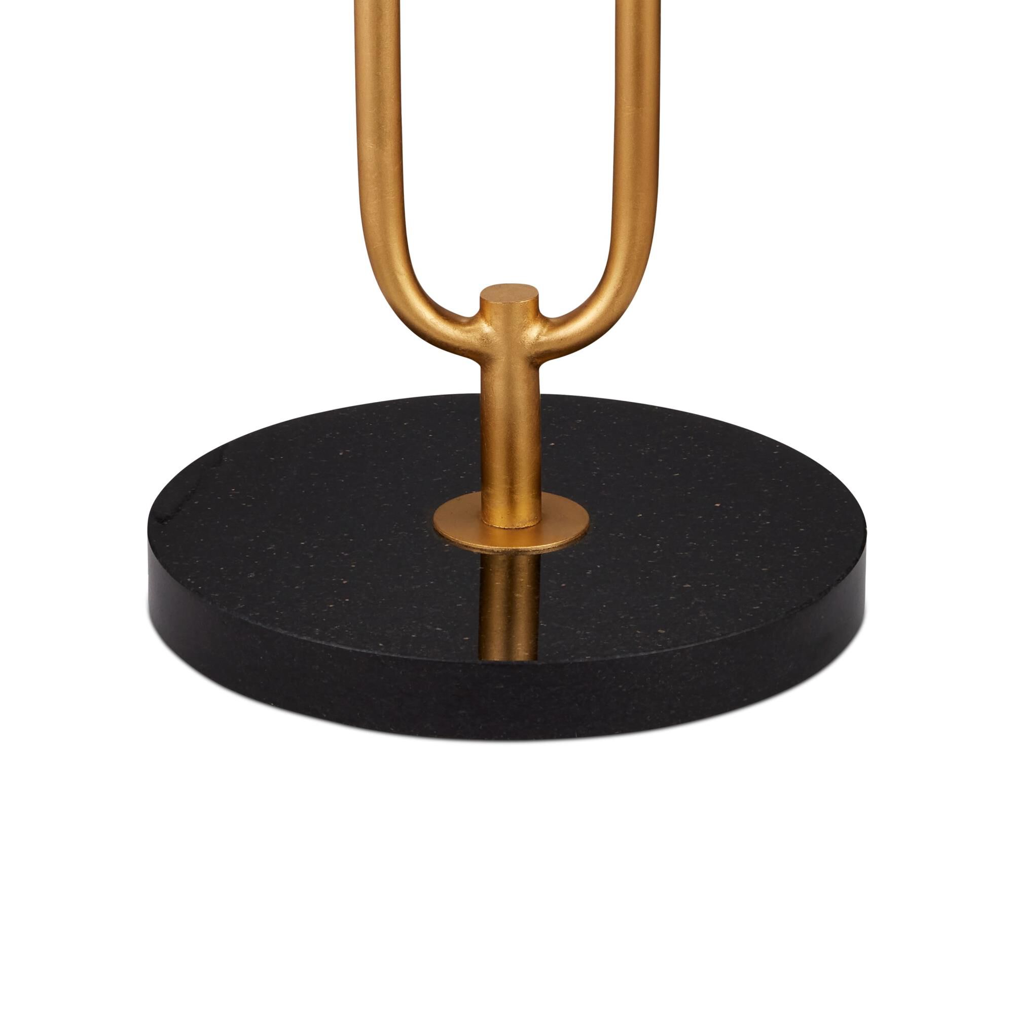 Shown in Contemporary Gold Leaf and Natural finish and Off White Linen shade