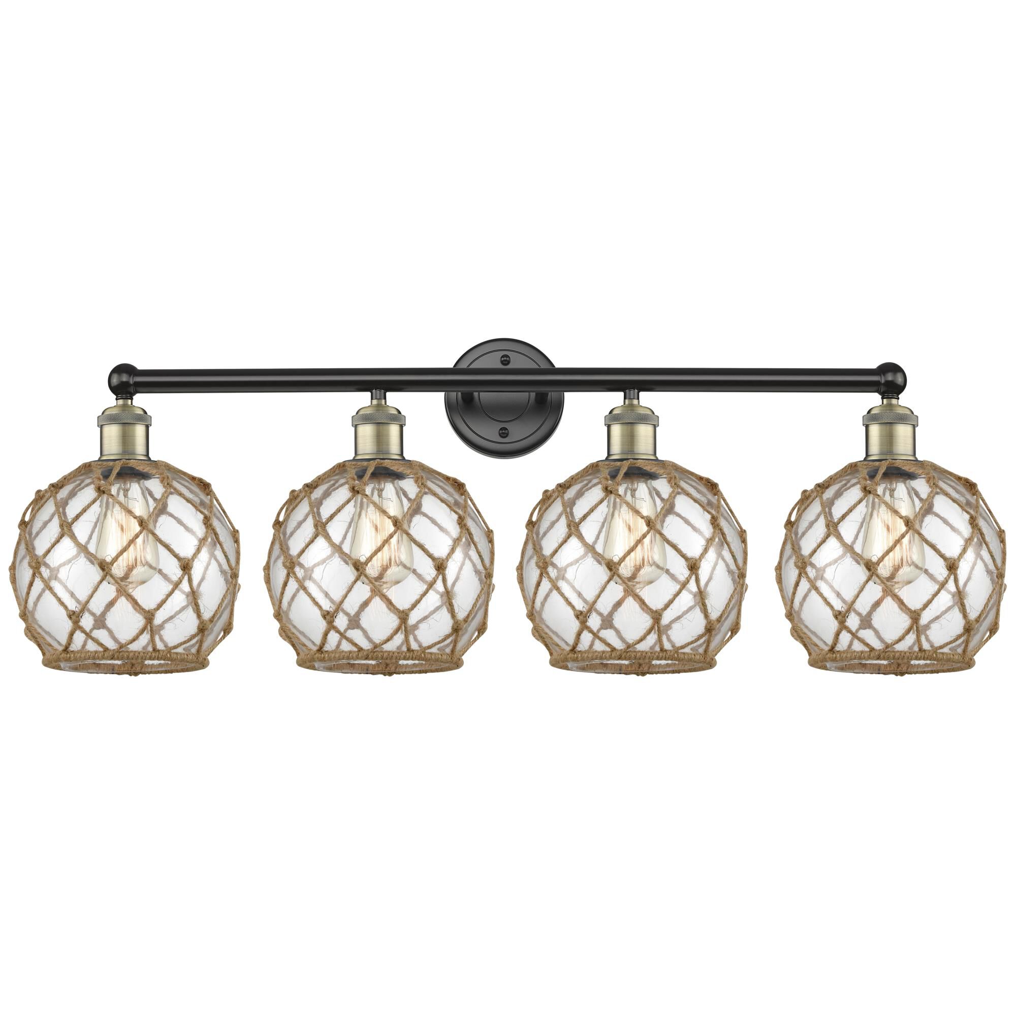 Shown in Black Antique Brass finish and Clear with Brown Rope glass
