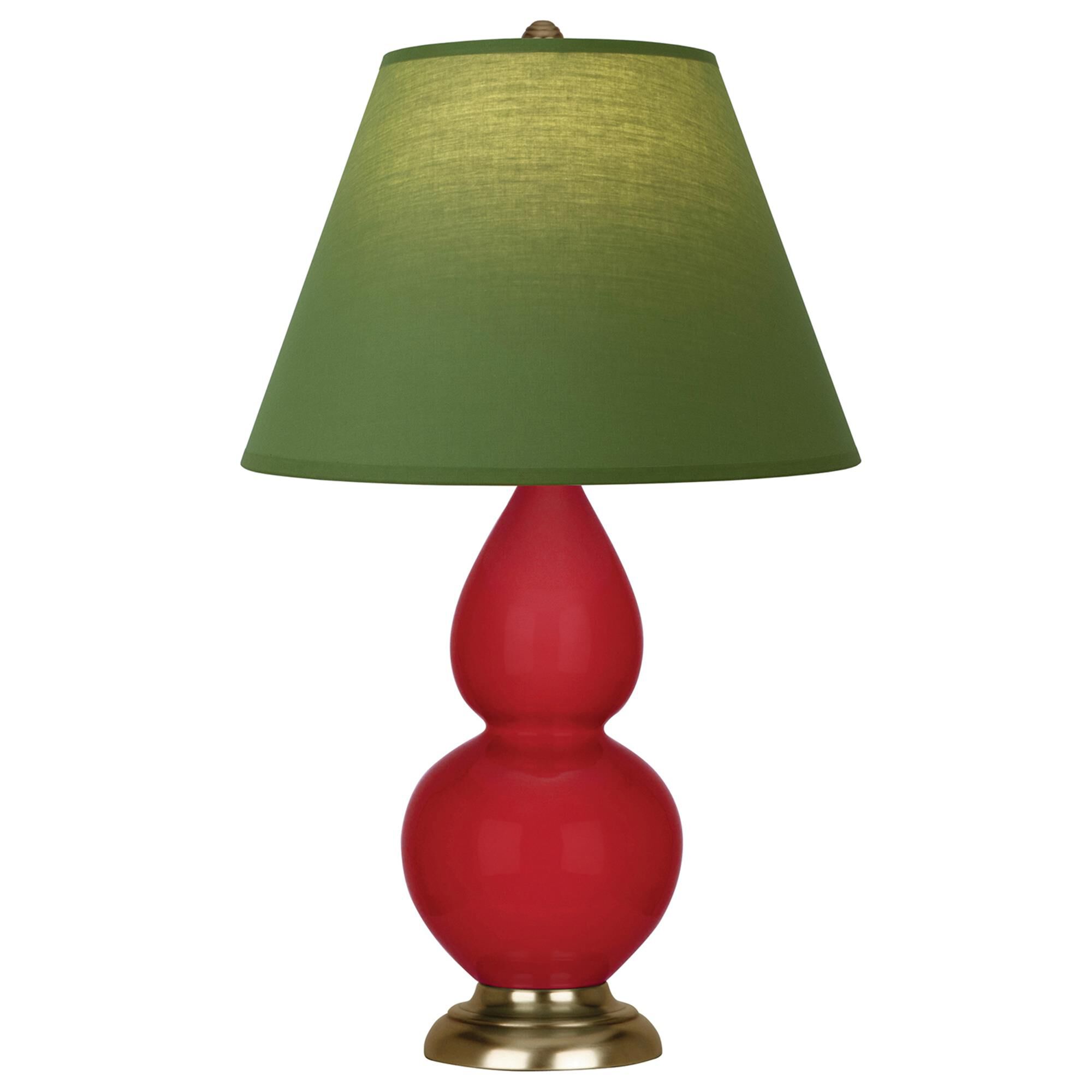 Shown in Ruby Red finish and Tea Green and Taupe shade and Antique Brass accent