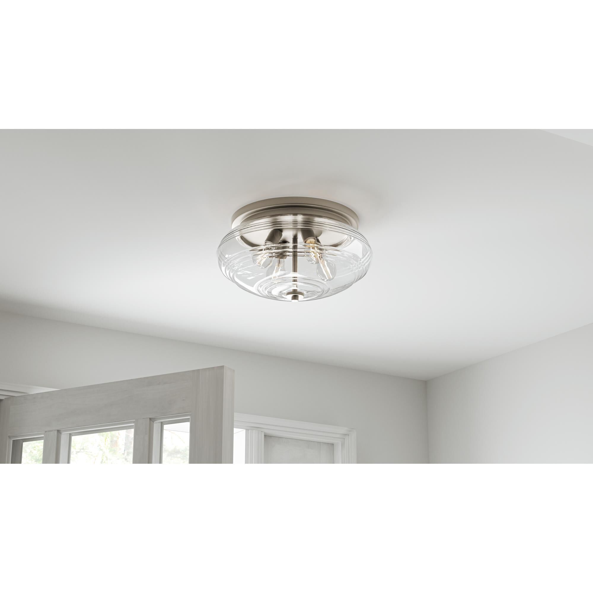 Shown in Brushed Nickel finish and Clear Ribbed glass