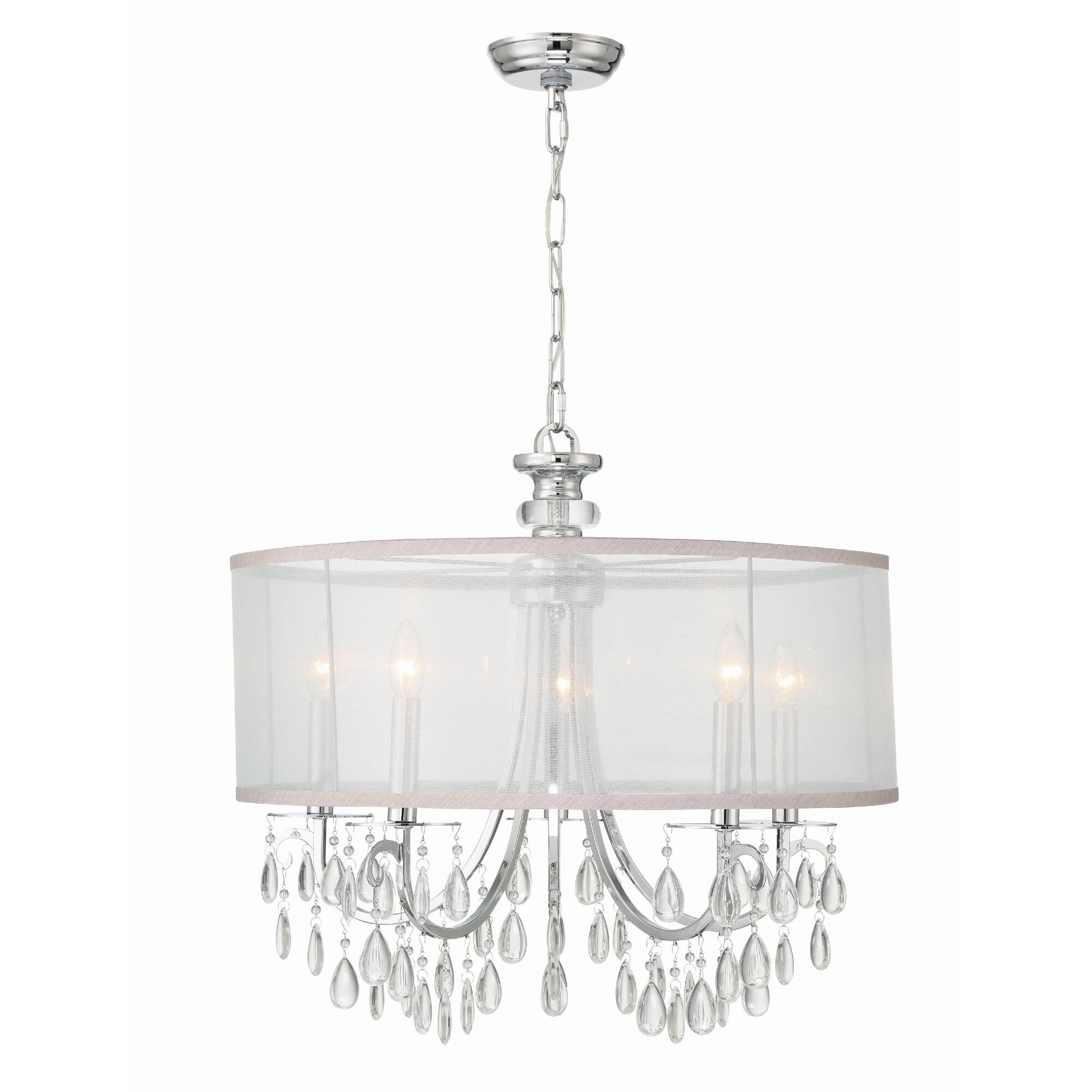 Shown in Polished Chrome finish and Clear Teardrop Almond crystal and Silk glass and Silk shade