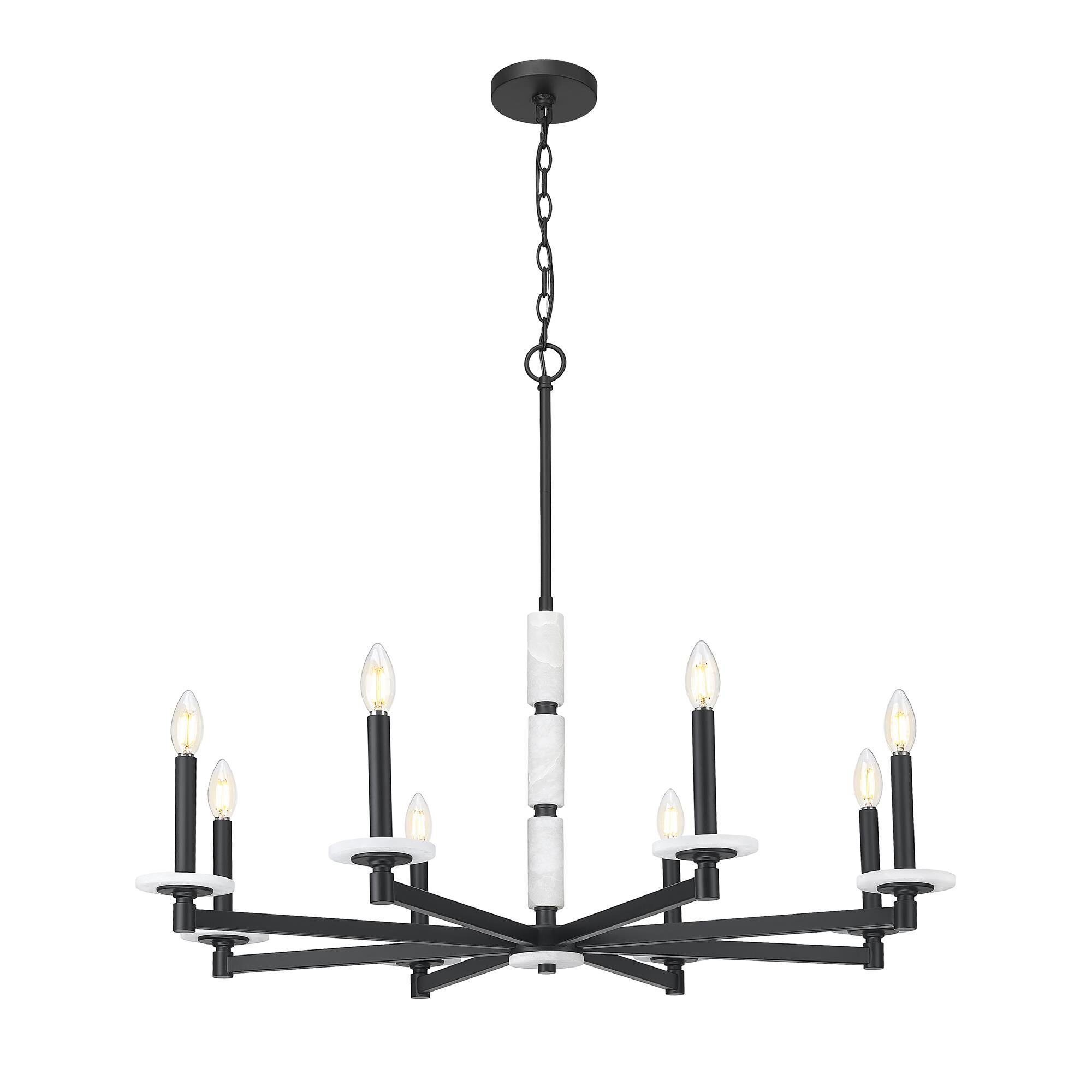 Shown in Matte Black finish and Alabaster glass and Alabaster shade