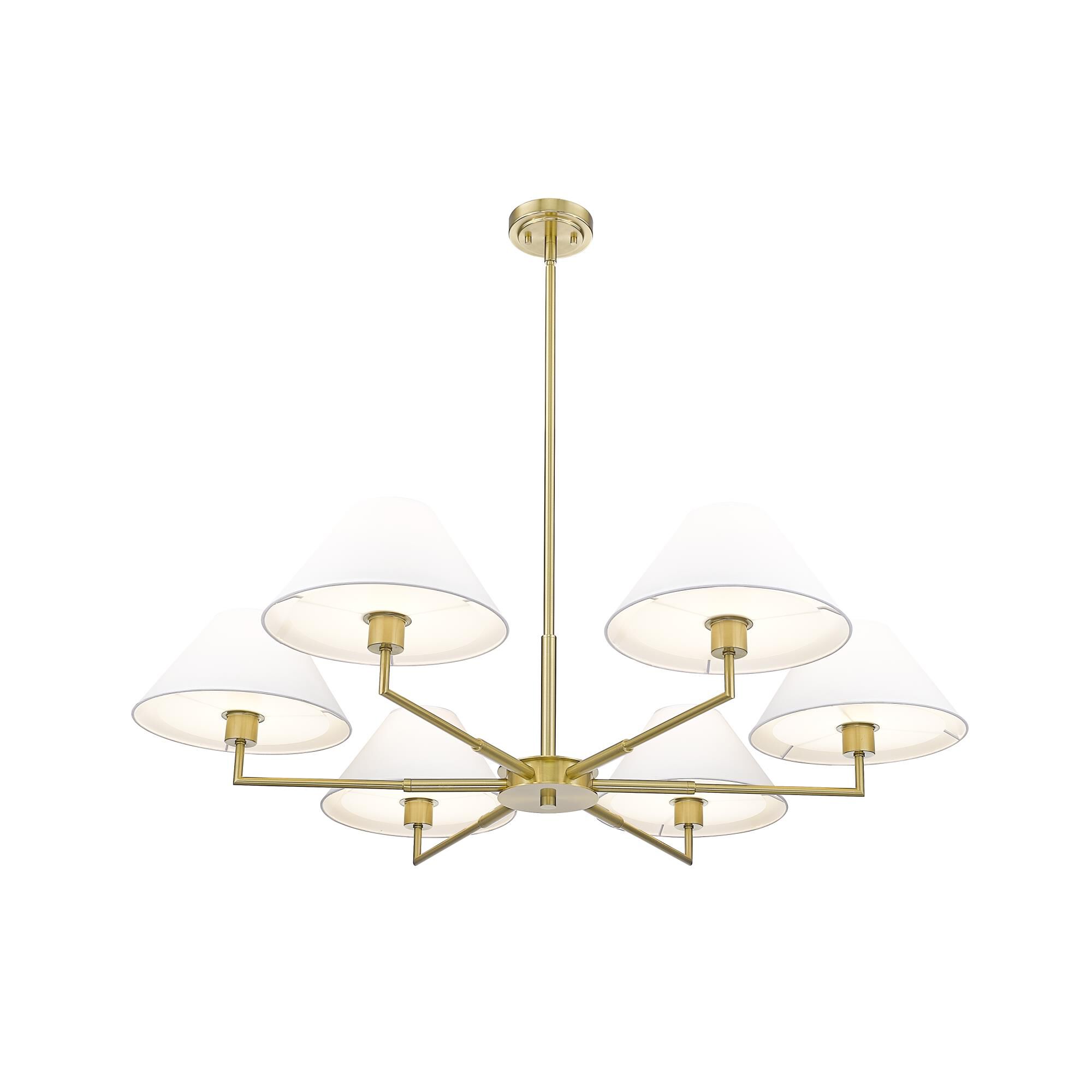 Shown in Luxe Gold finish and White Linen glass and White Linen shade