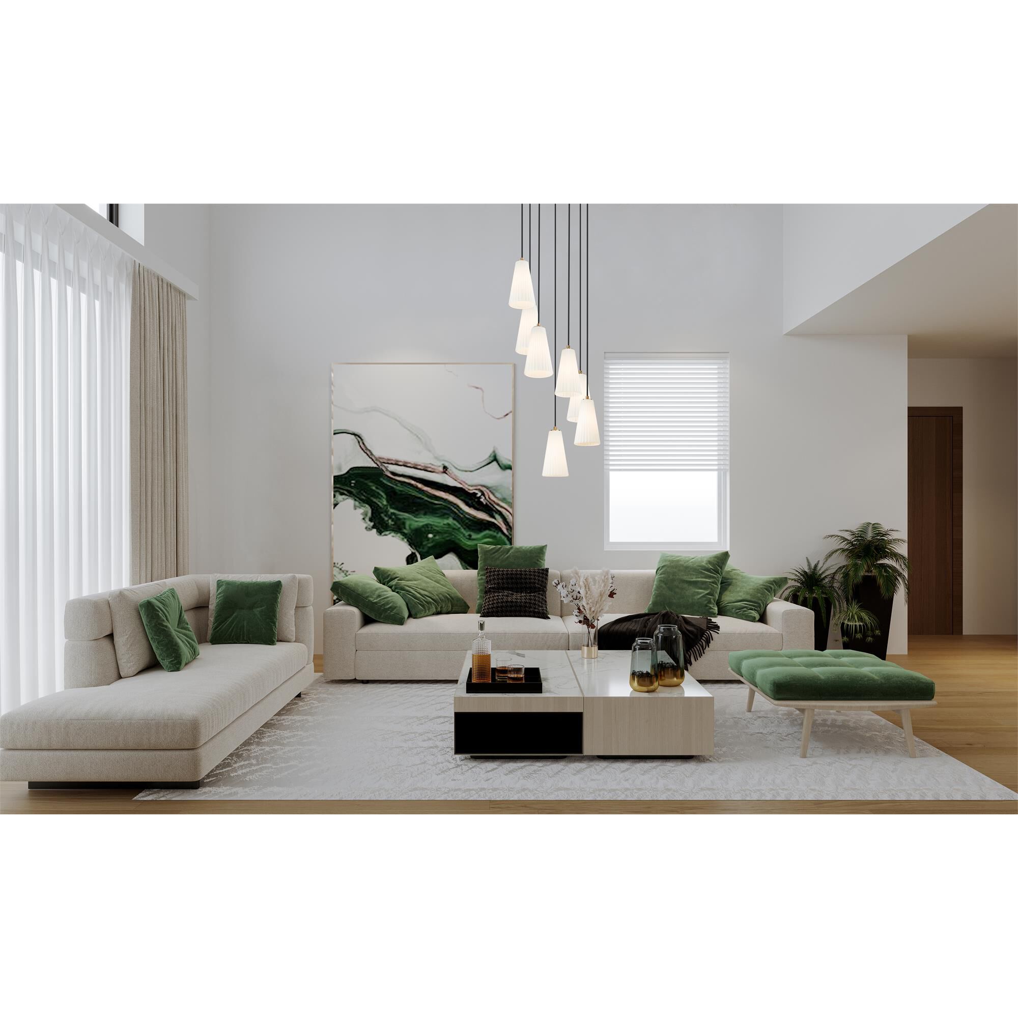 Shown in Modern Gold finish and White glass and White shade