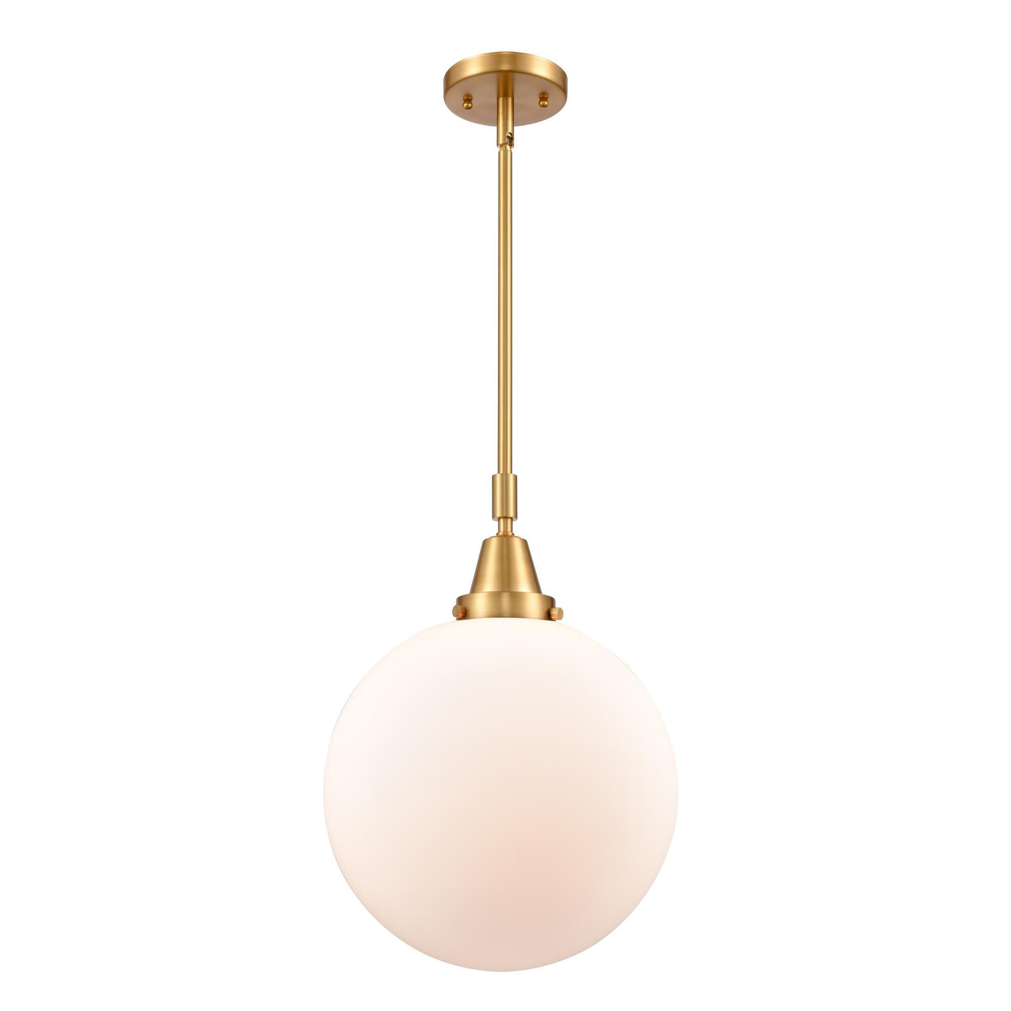 Shown in Satin Gold finish and Matte White Cased Beacon glass