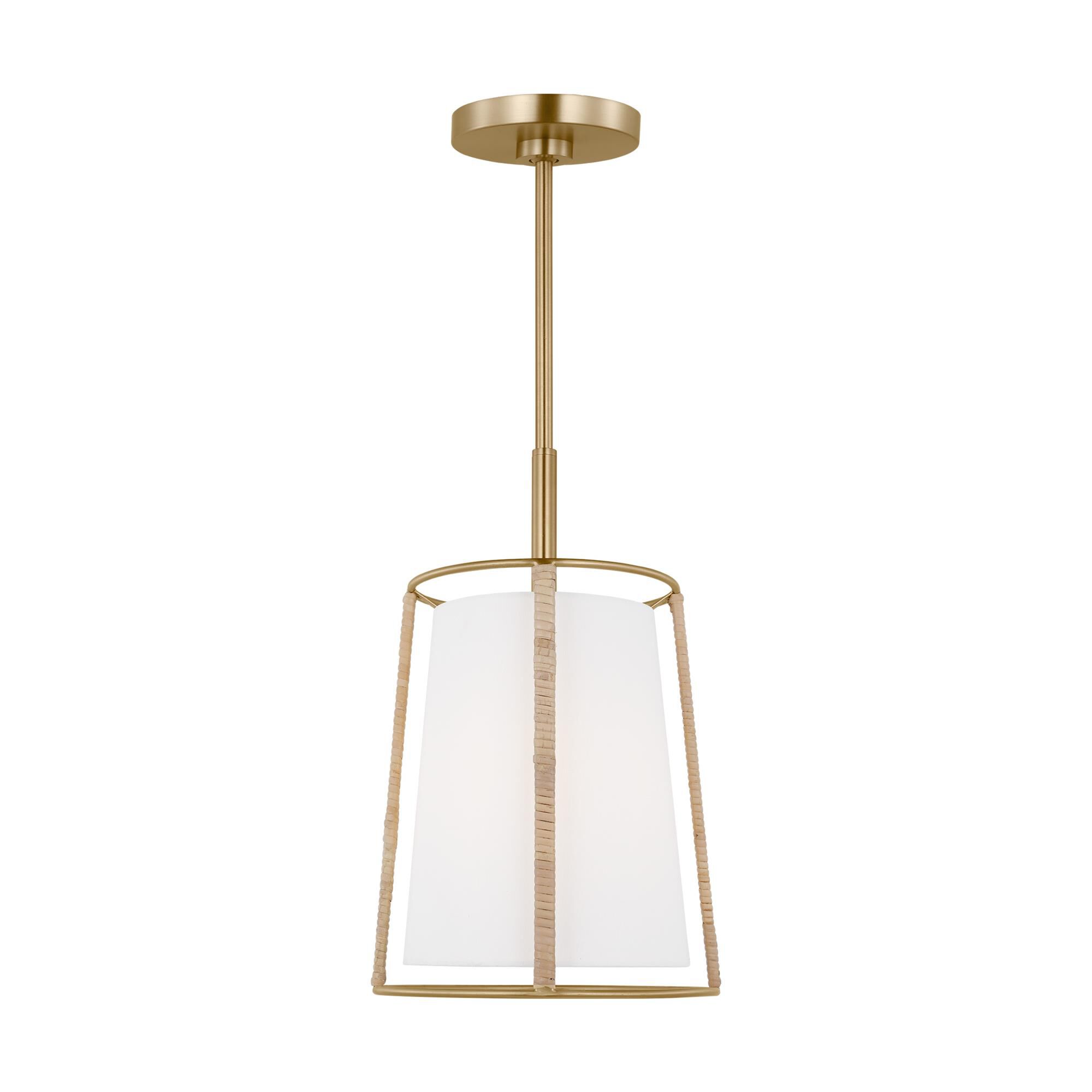 Shown in Satin Brass finish and White Linen Fabric shade