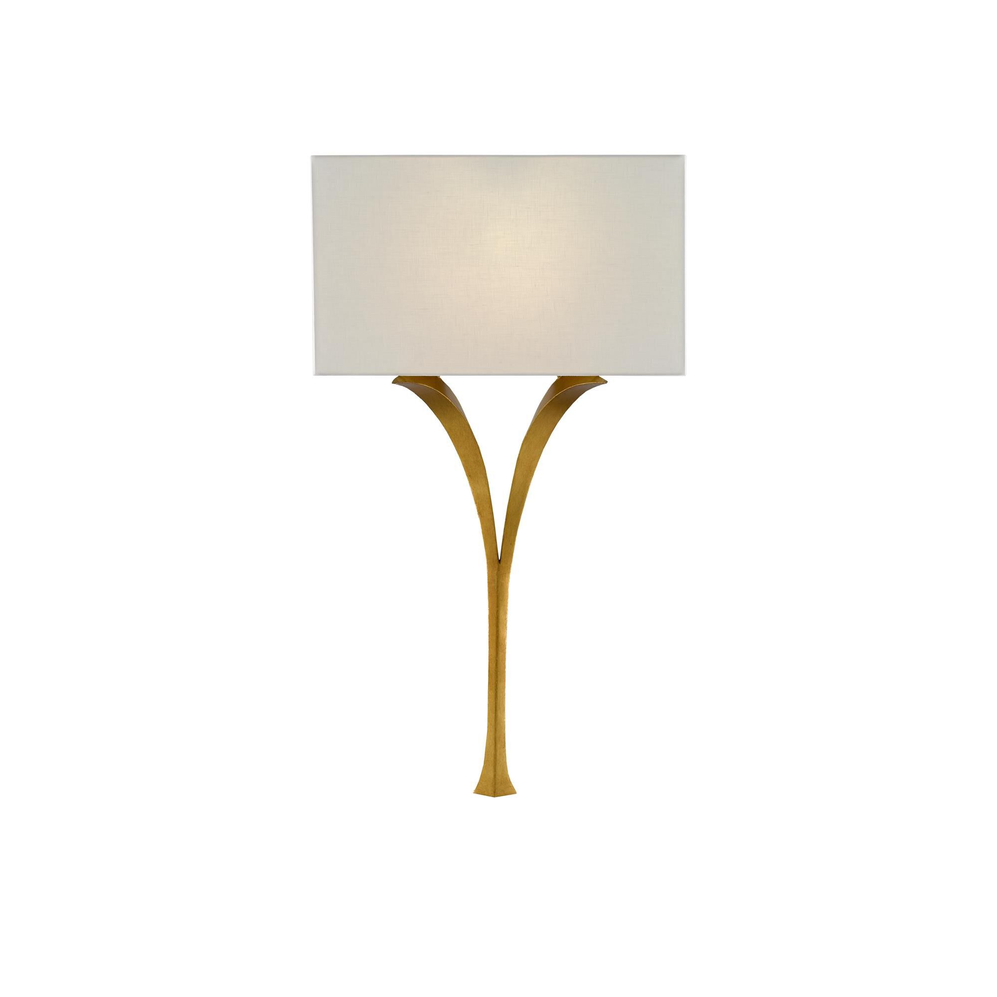 Shown in Antique Gold Leaf finish and White Linen shade