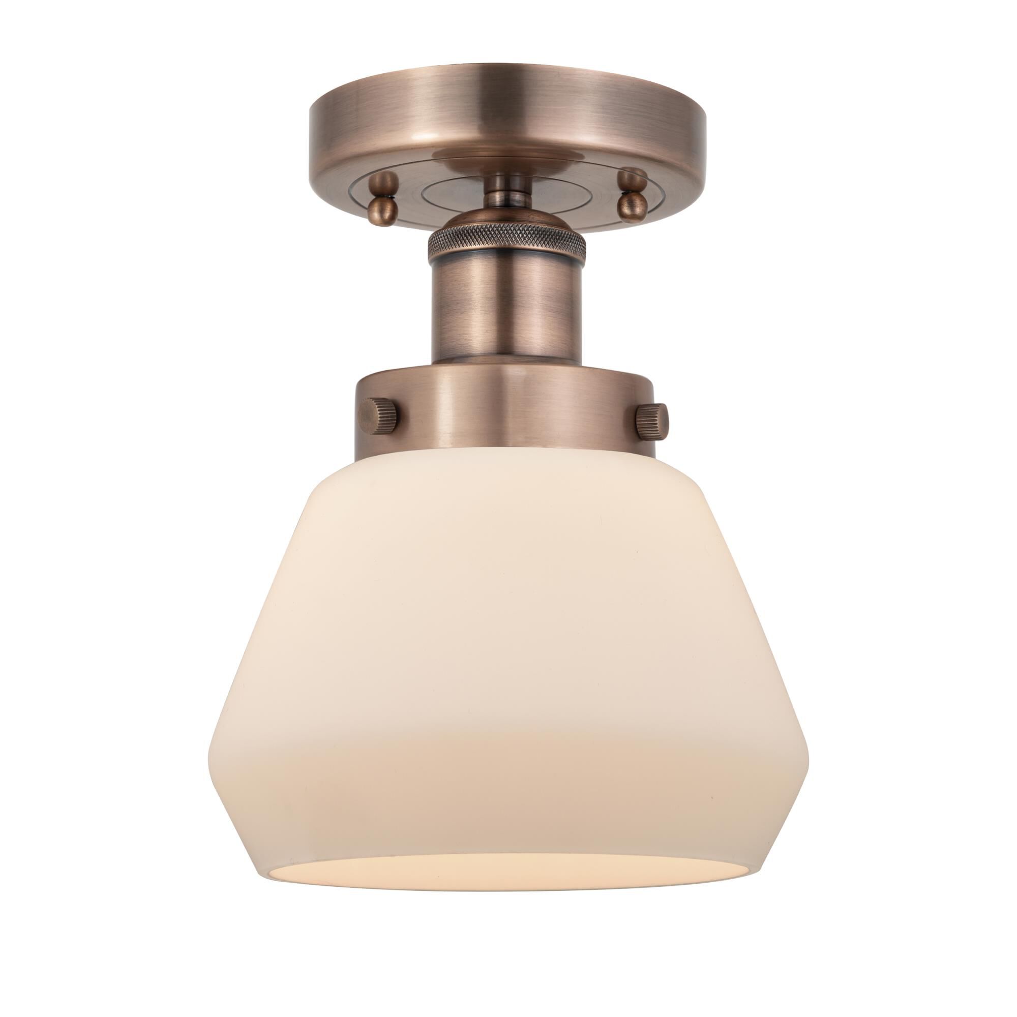 Shown in Antique Copper finish and Matte White glass