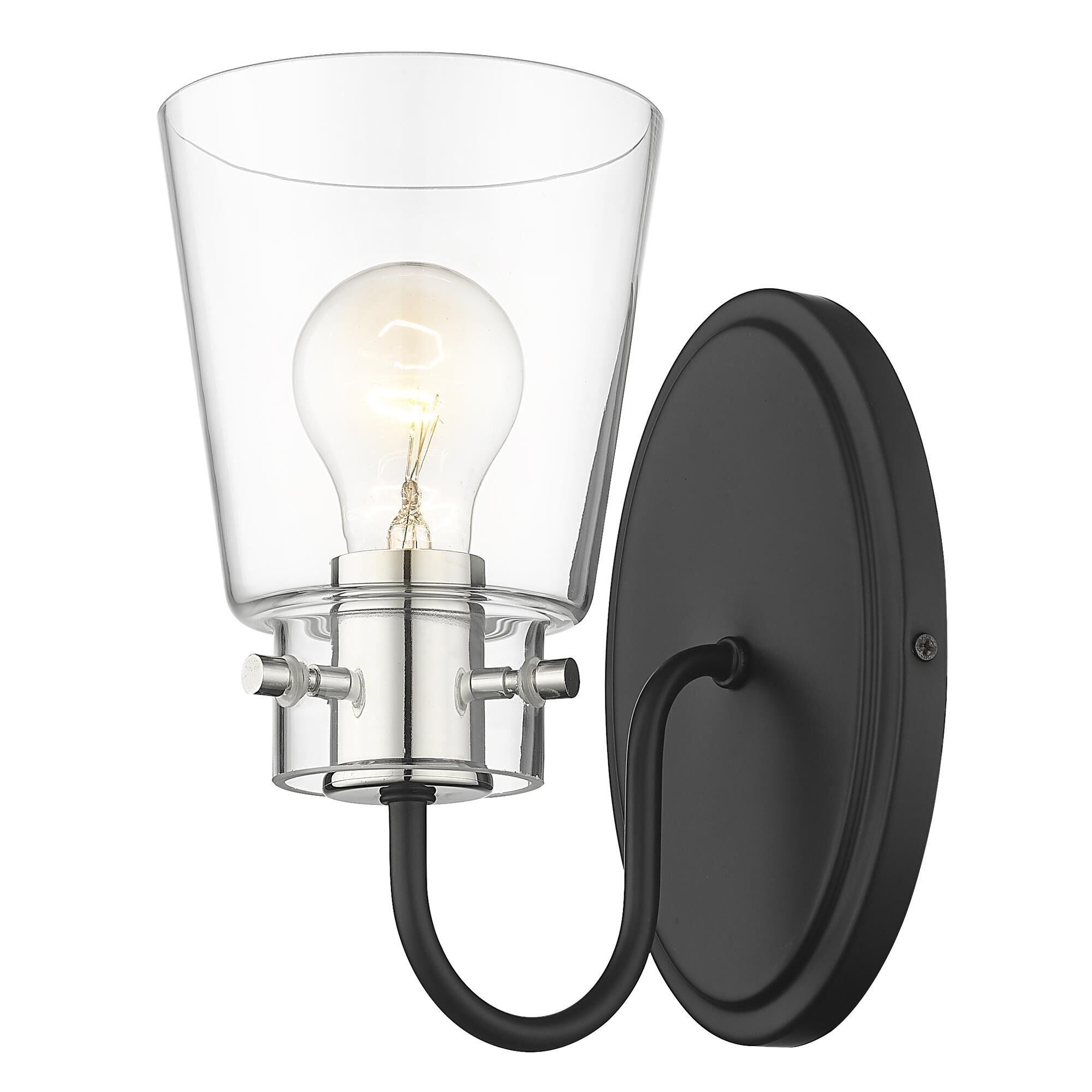 Shown in Matte Black And Polished Nickel finish and Clear Glass shade
