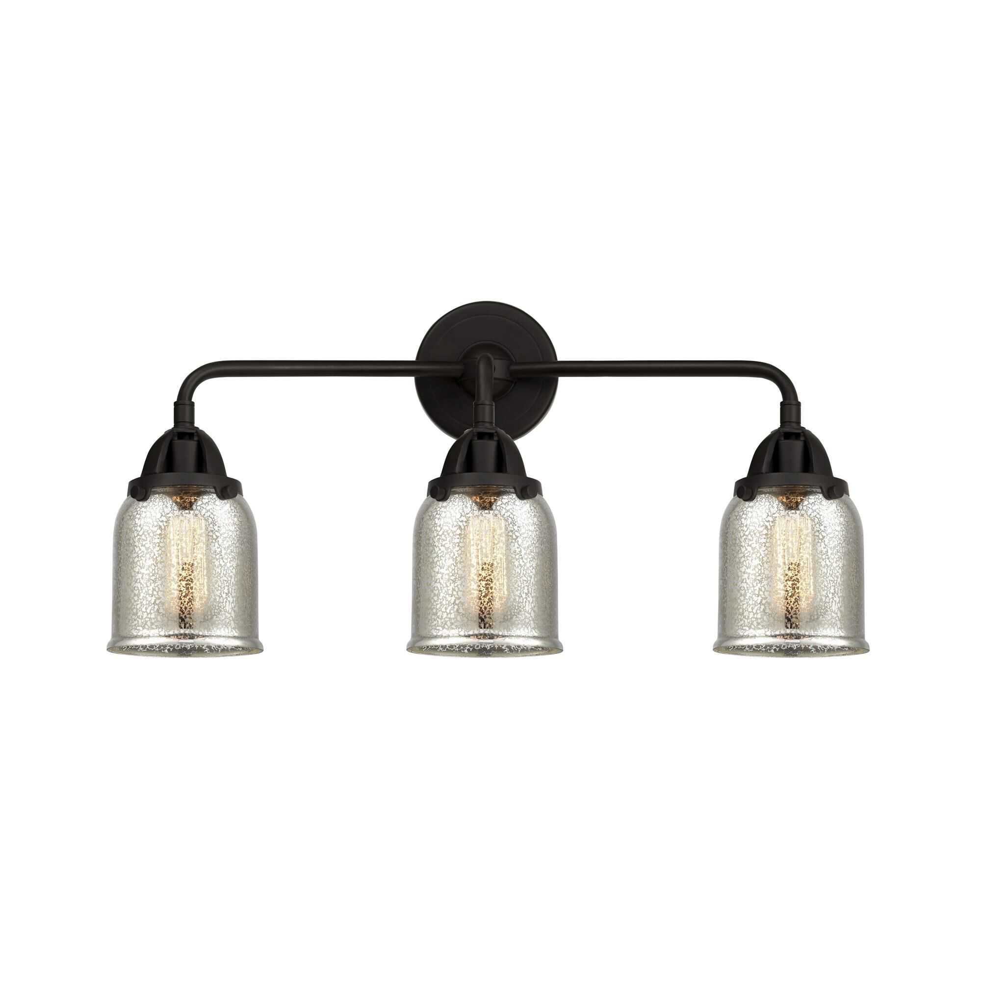 Shown in Matte Black finish and Silver Plated Mercury Small Bell glass and No Shade shade
