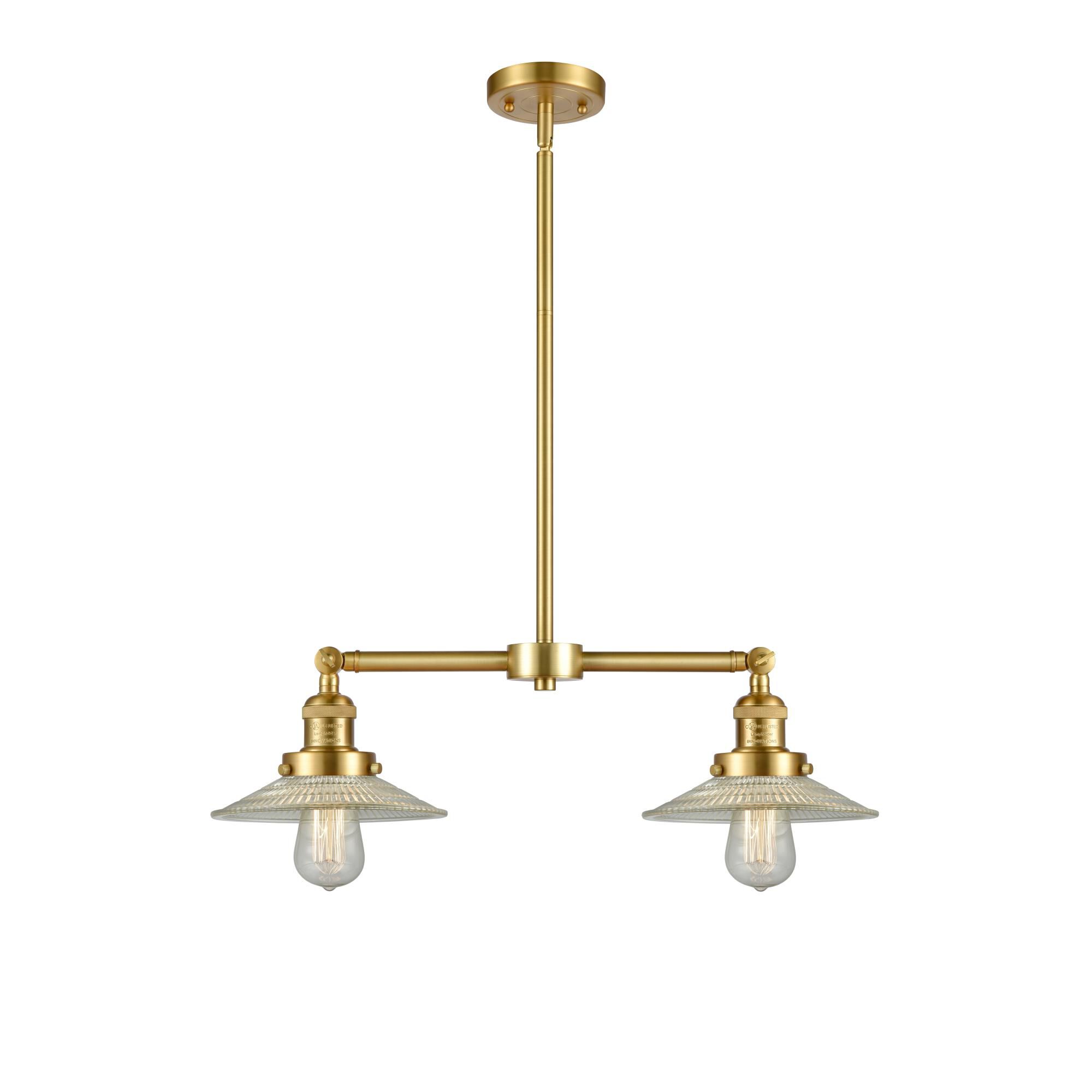 Shown in Satin Gold finish and Clear Halophane glass