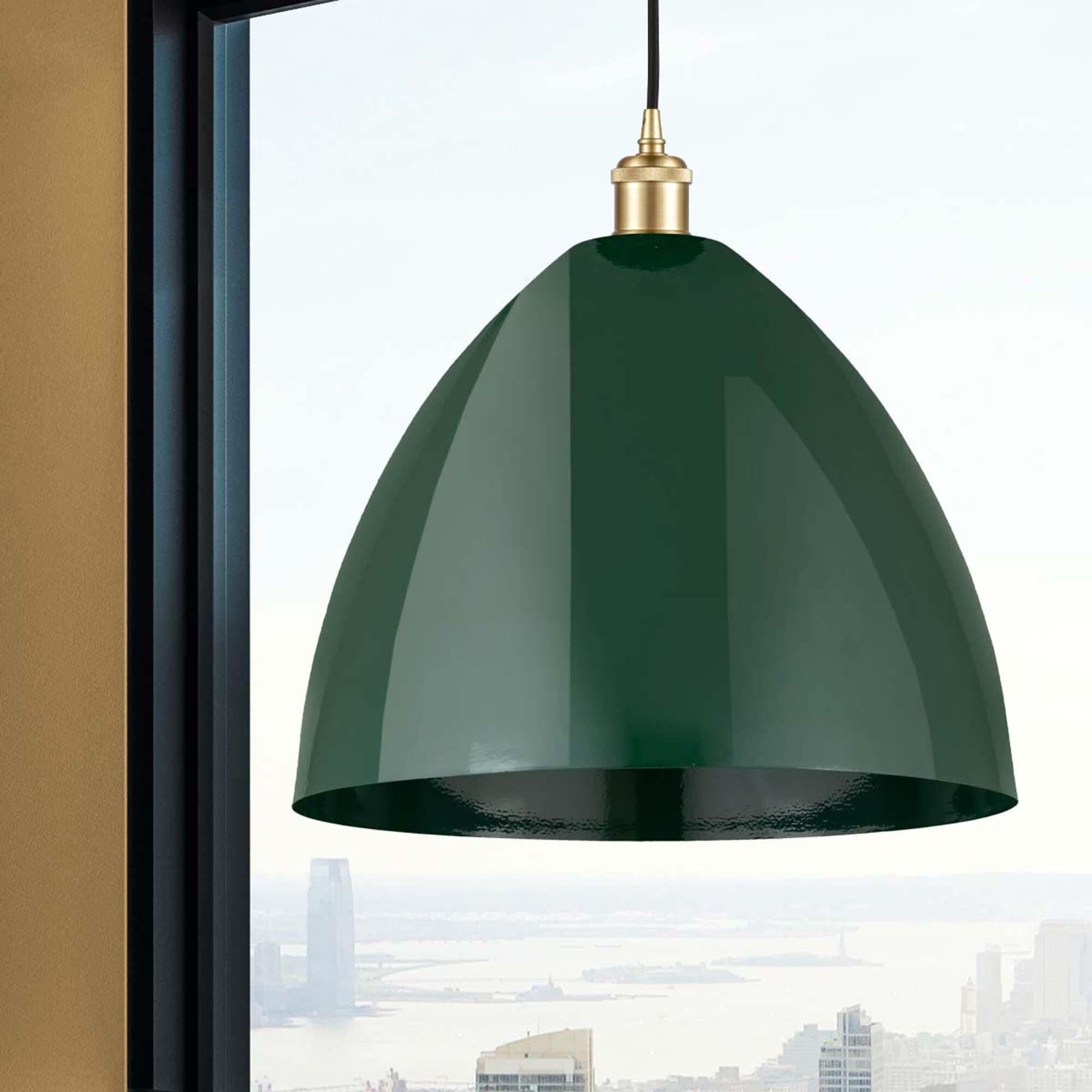 Shown in Satin Gold finish and Green Plymouth Dome shade