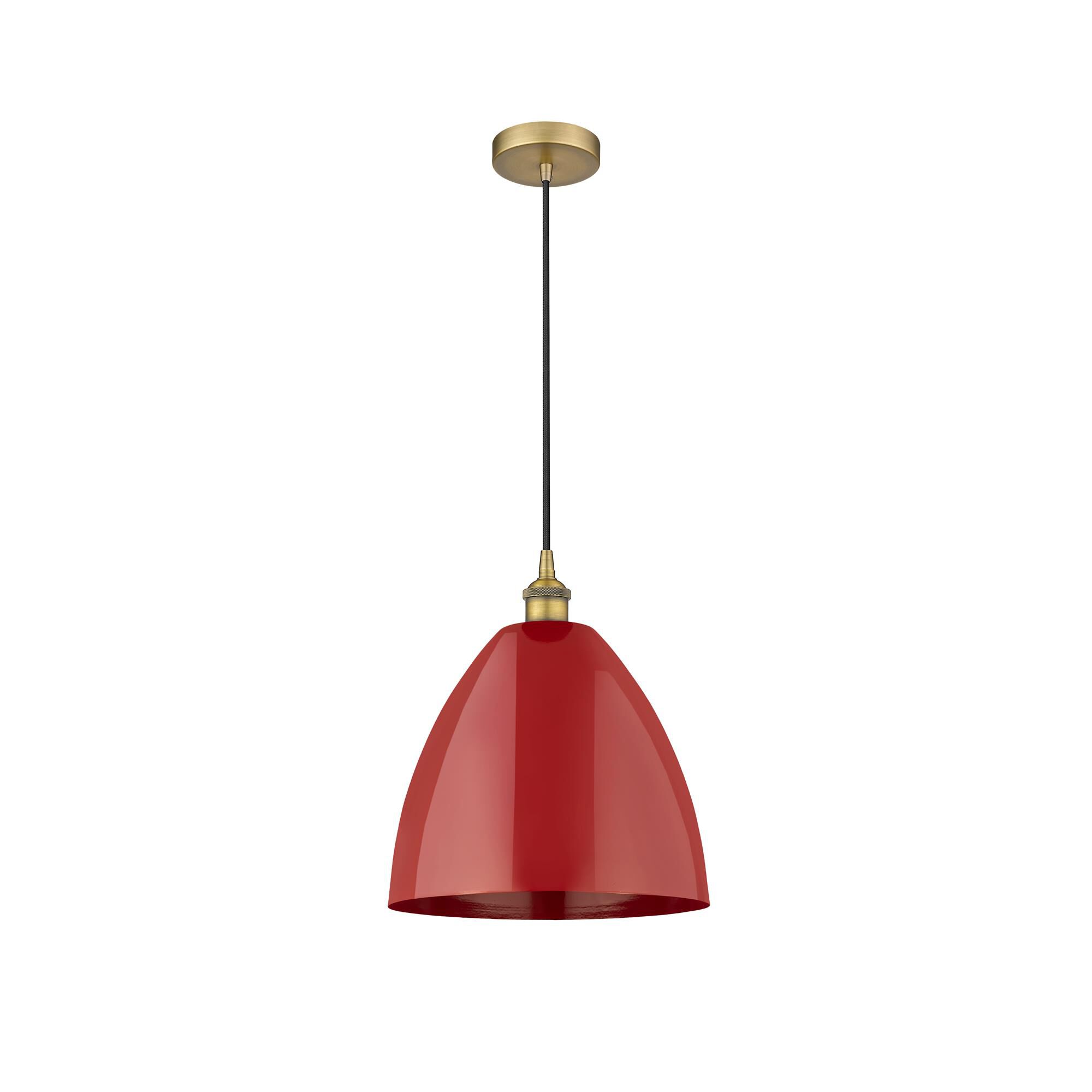 Shown in Brushed Brass finish and Red Dome shade