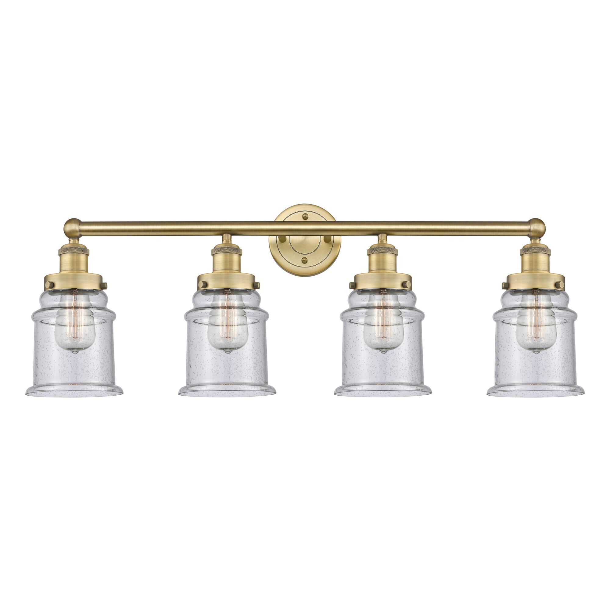 Shown in Brushed Brass finish and Seedy glass