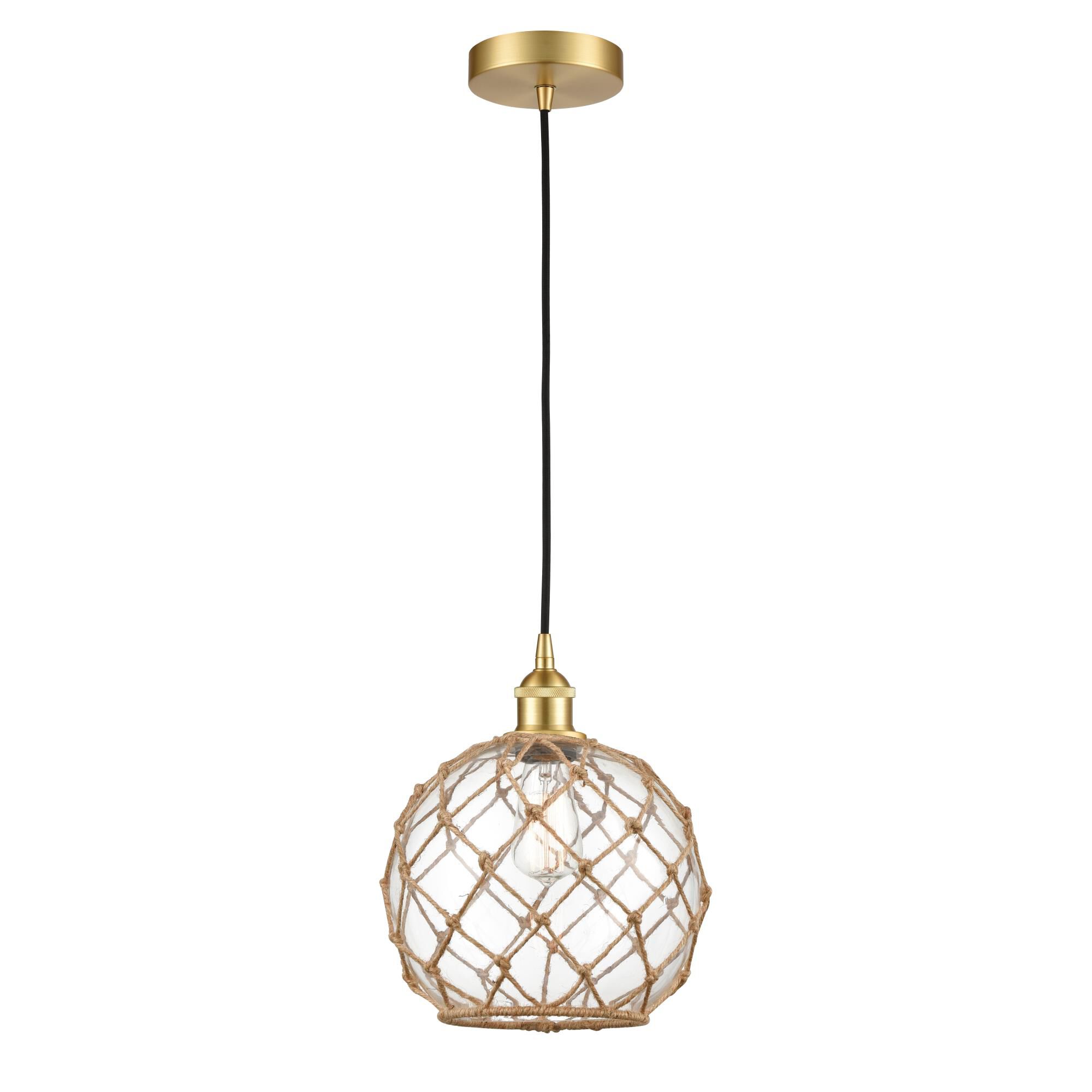 Shown in Satin Gold finish and Clear Large Farmhouse With Brown Rope glass