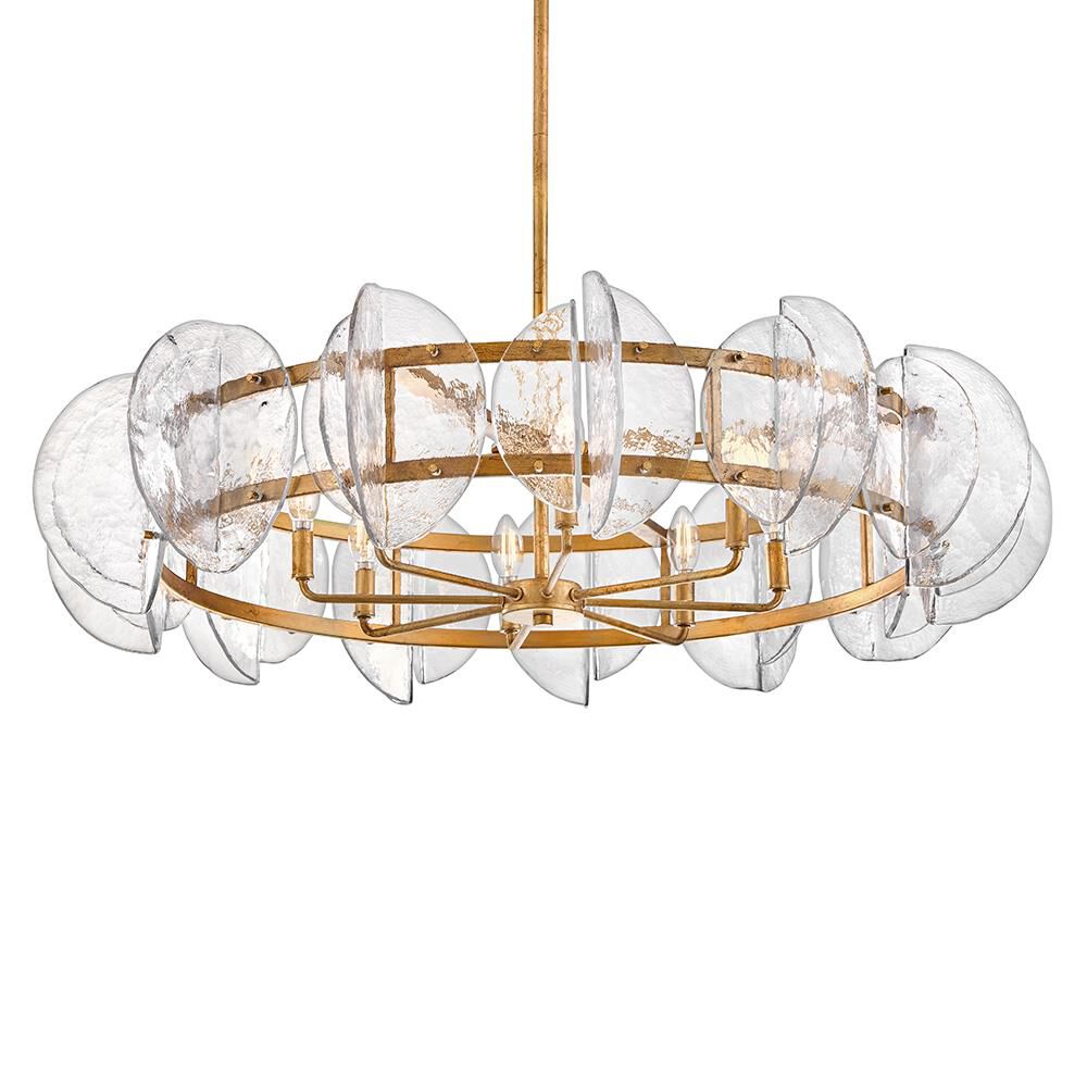 Shown in Distressed Brass finish and Clear Pressed glass