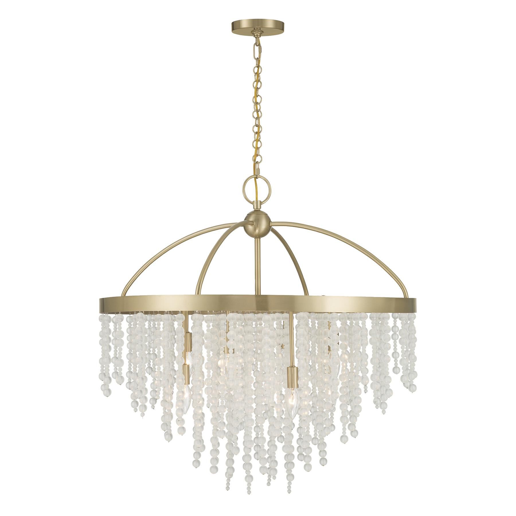 Shown in Noble Brass finish and Frosted Strands glass