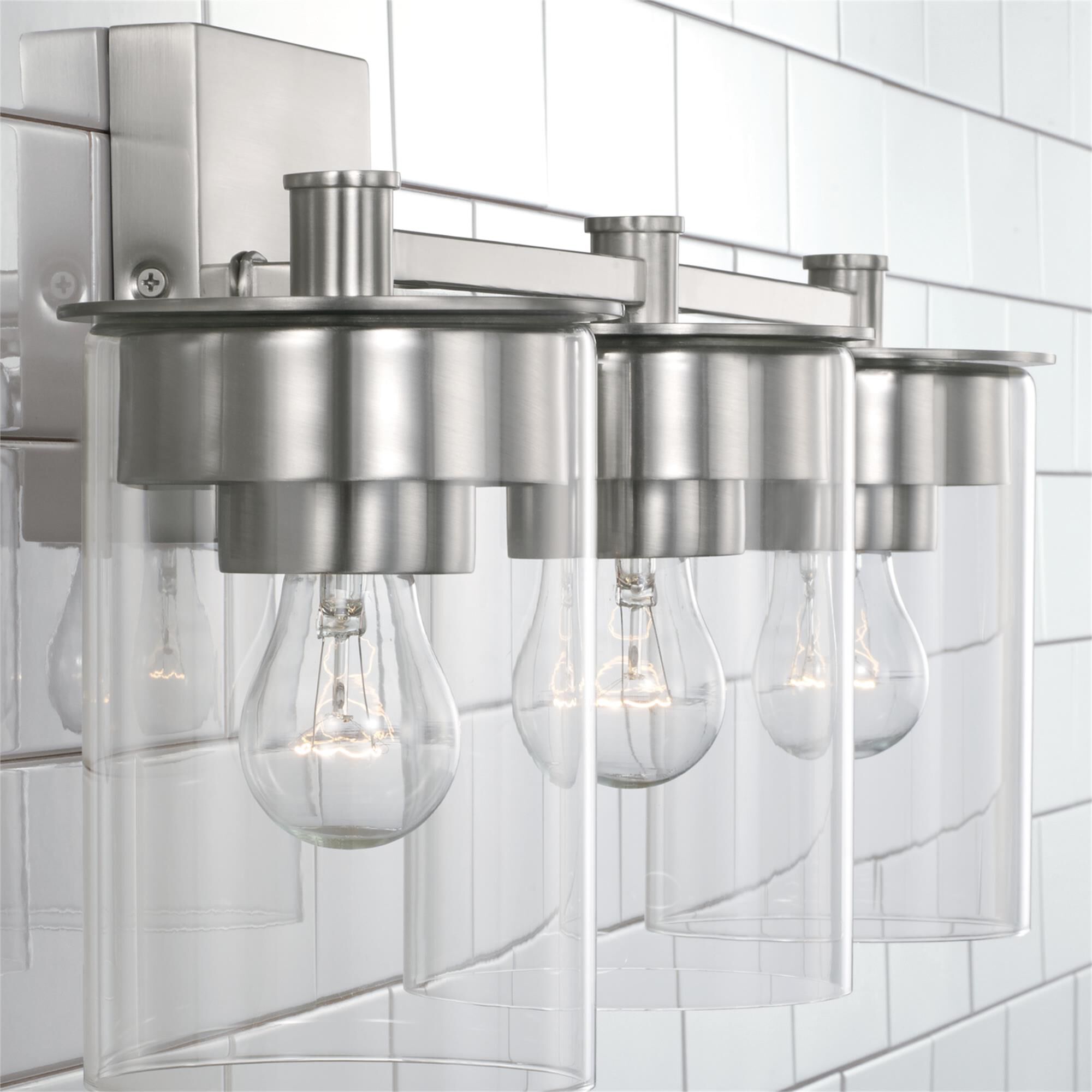 Shown in Brushed Nickel finish and Clear glass