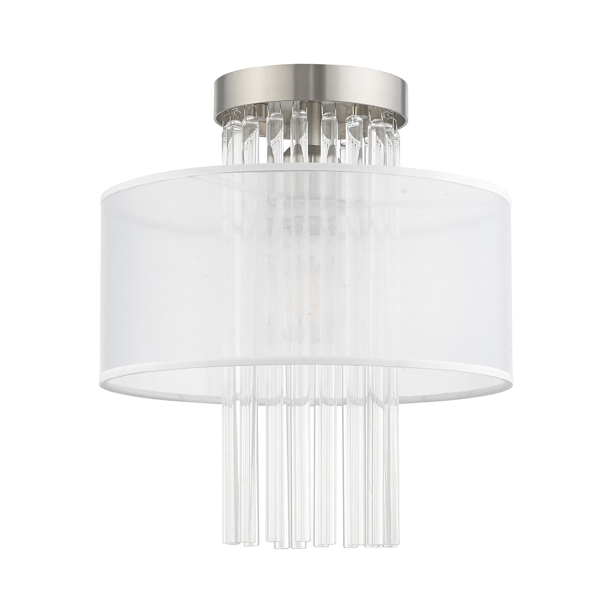 Shown in Brushed Nickel finish and Clear Crystal Rods with Hand Crafted Translucent Fabric shade