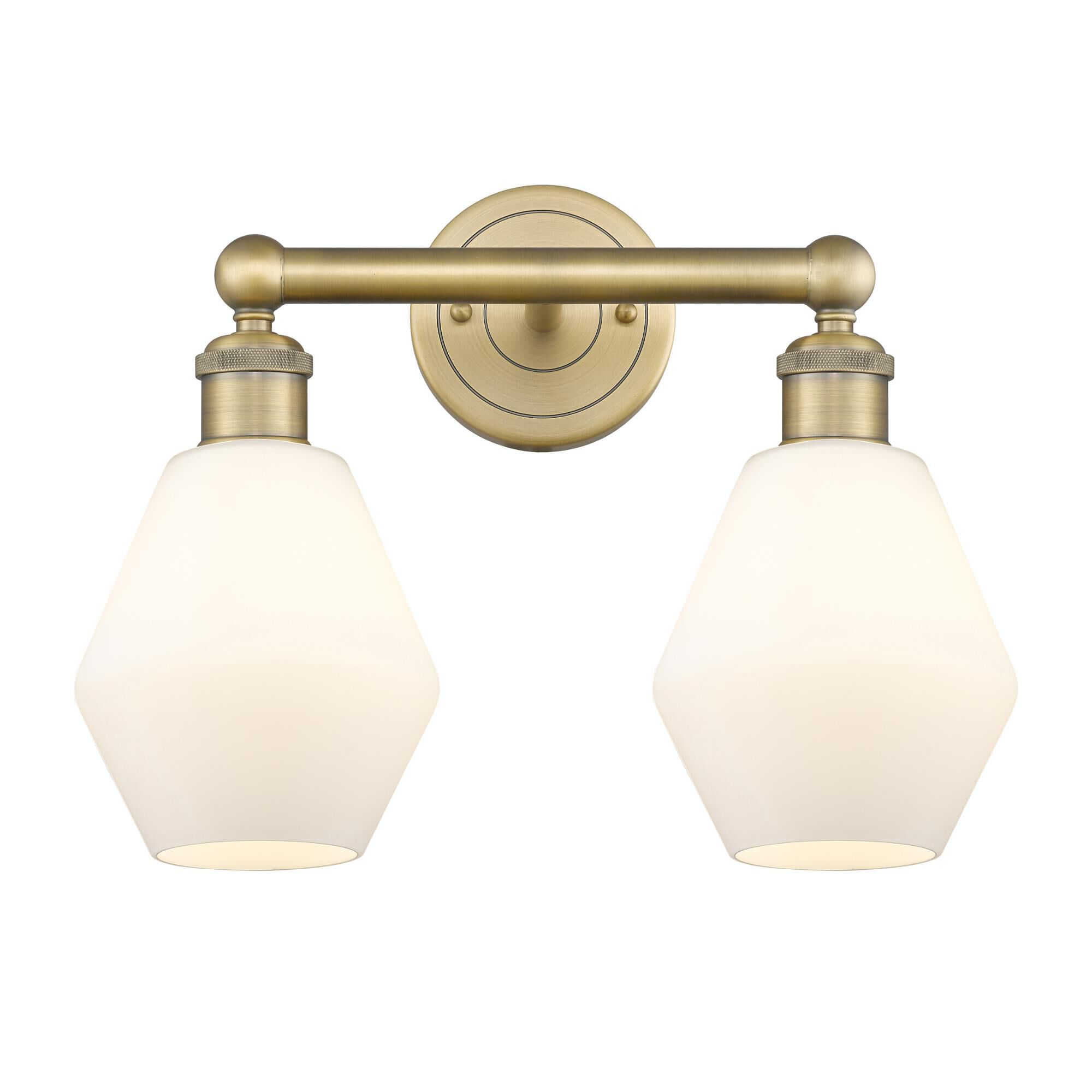 Shown in Brushed Brass finish and Cased Matte White glass