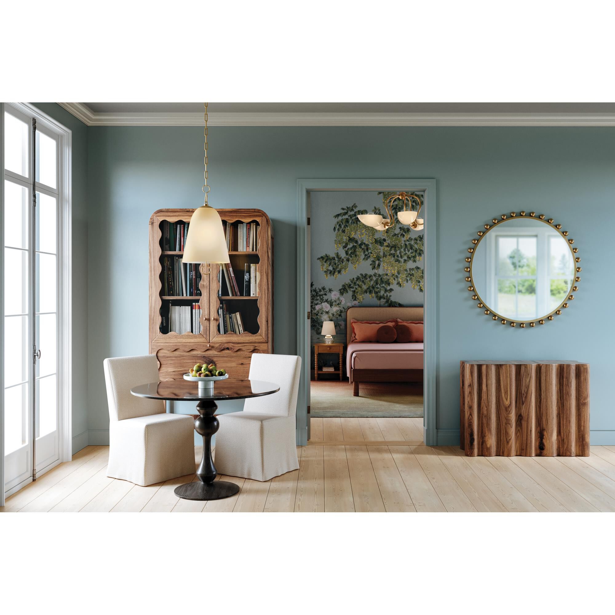 Shown in Aged Brass finish and Champagne Etched Inside and Out glass