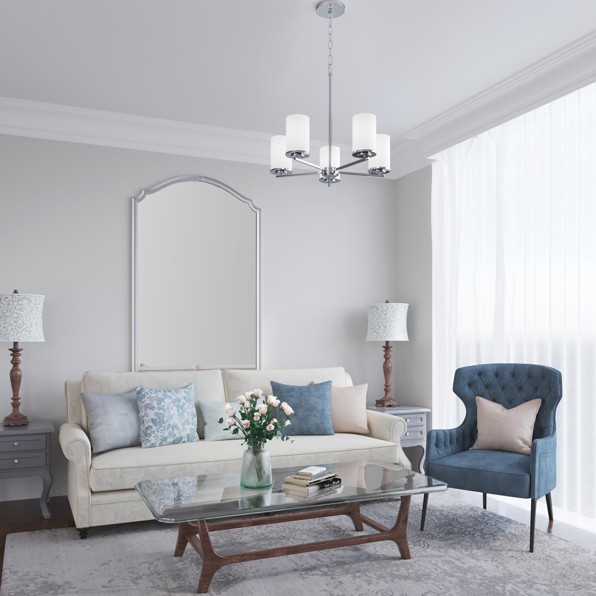 Shown in Chrome finish and Etched White glass