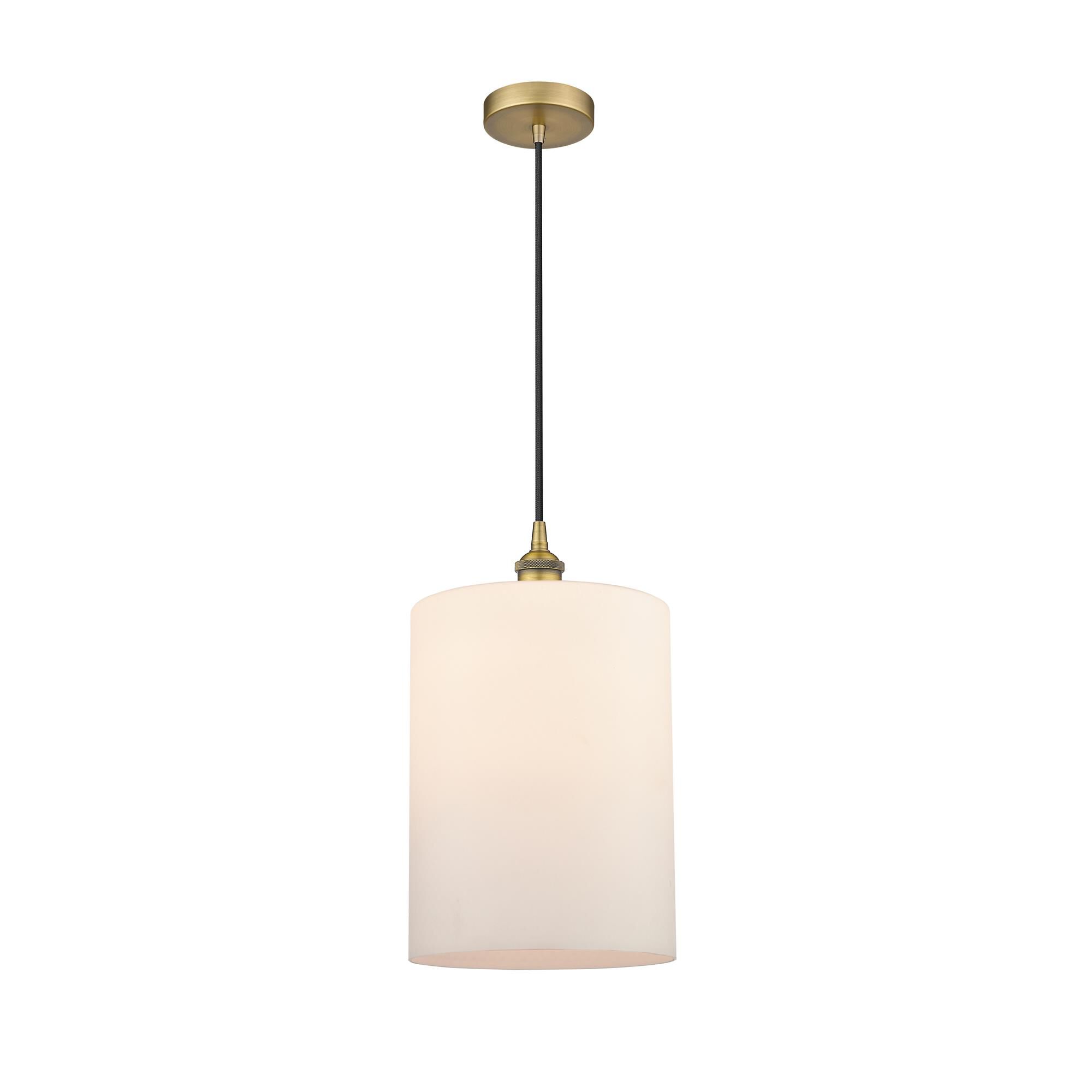 Shown in Brushed Brass finish and Matte White glass