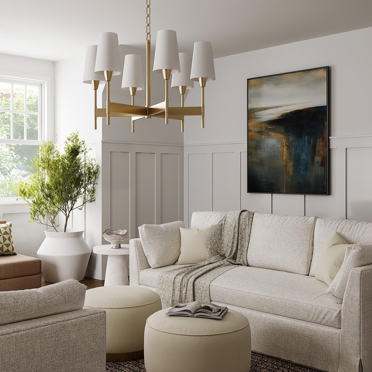 Shown in Aged Brass finish and White Fabric shade