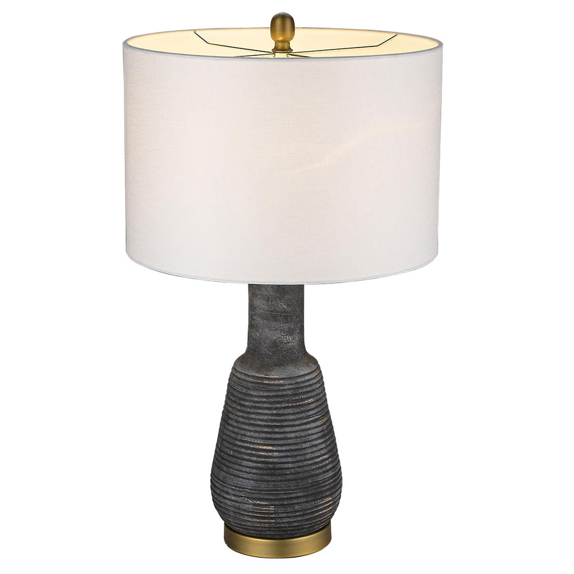 Shown in Brass finish and Seasalt glass and Seasalt Linen Drum shade