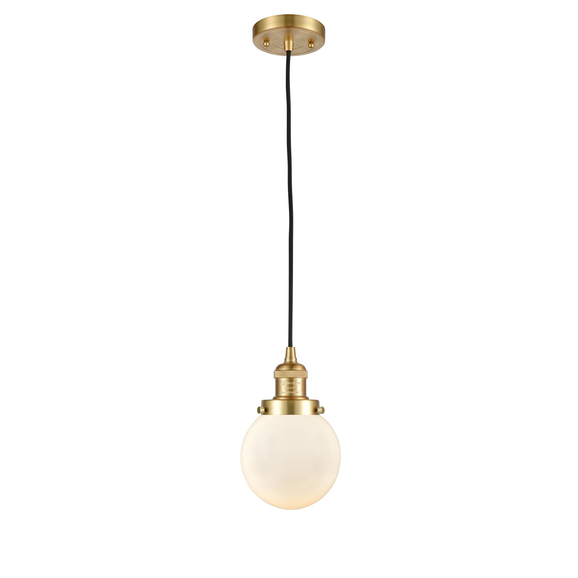 Shown in Satin Gold finish and Matte White Cased Beacon glass
