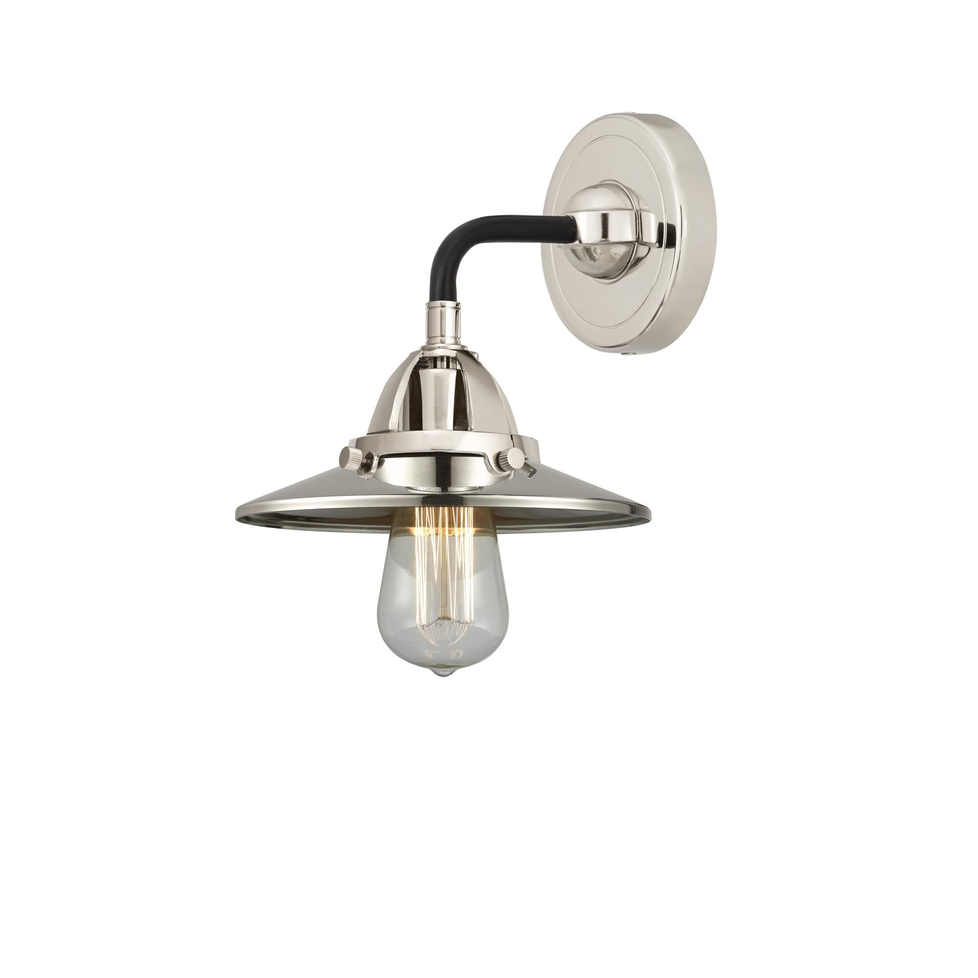 Shown in Black Polished Nickel finish and No Glass glass and Polished Nickel Railroad shade