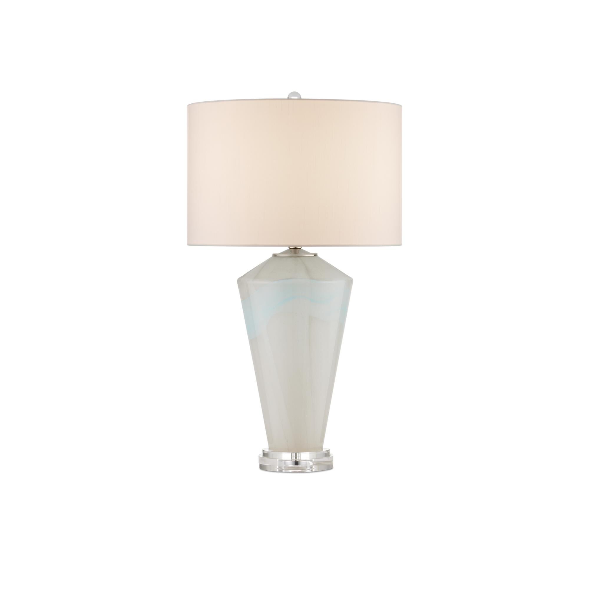 Shown in Pale Gray/Light Blue/Clear/Polished Nickel finish and Off-White Shantung shade